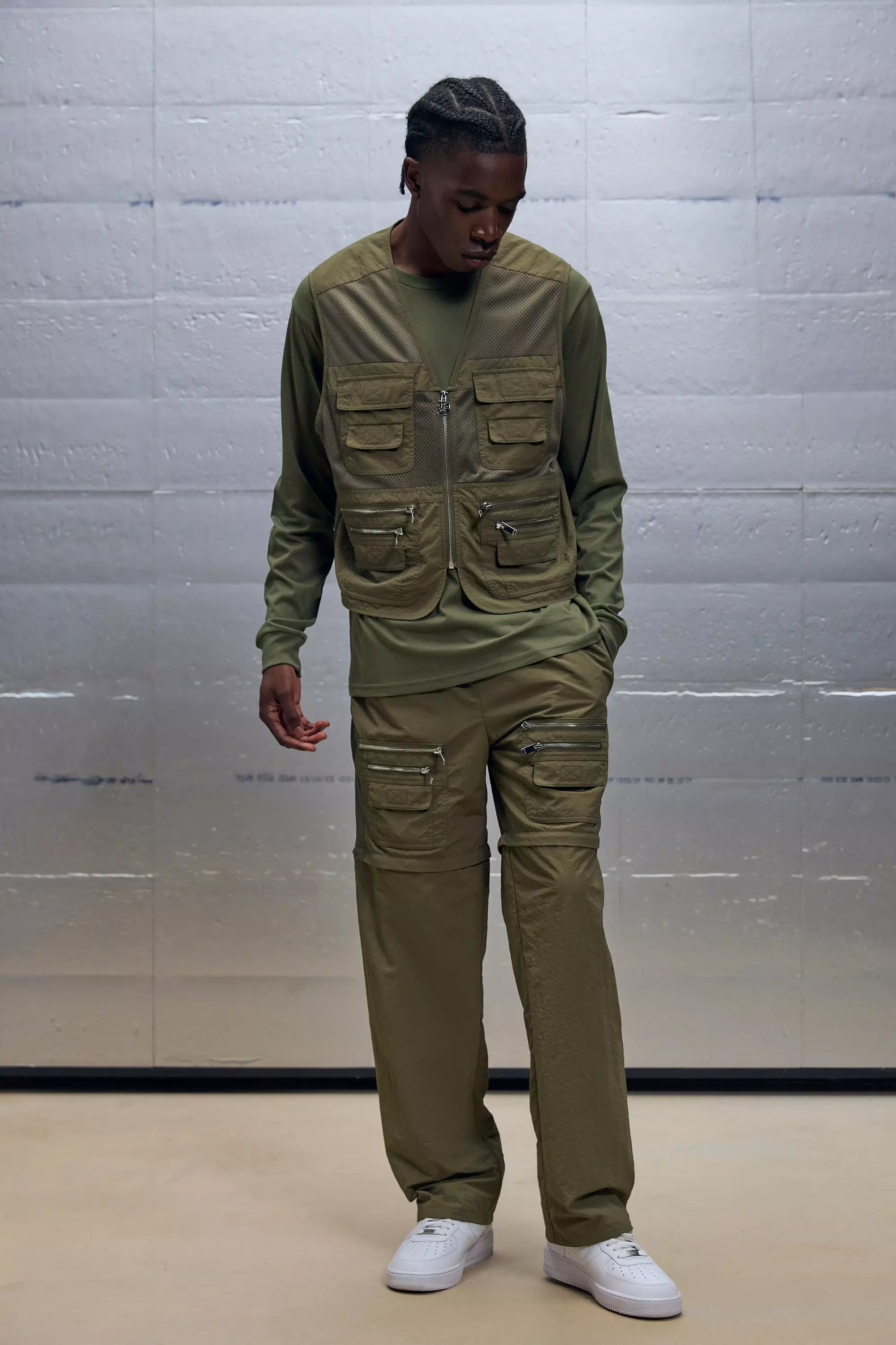 Boxy Utility Mesh Cargo Pocket Vest & Zip Off Pants Set Khaki