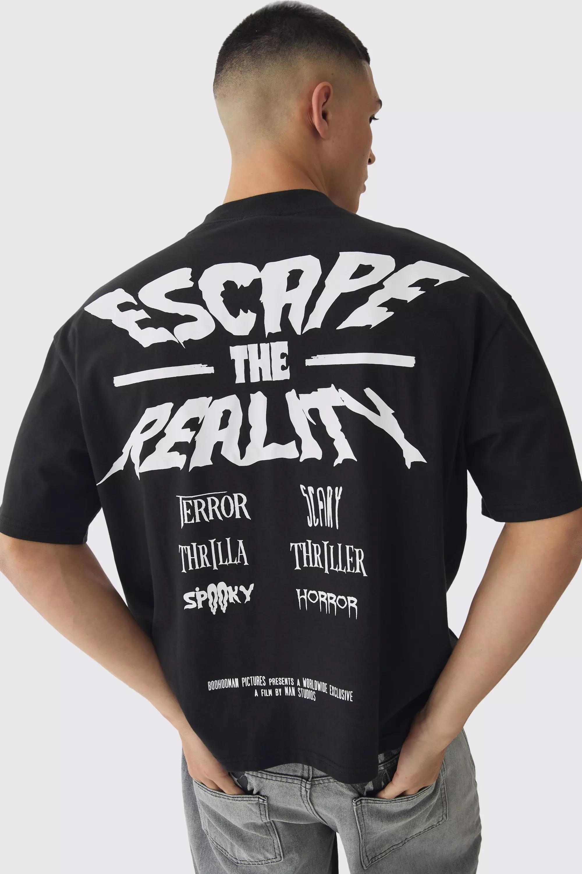 Oversized Extended Neck Boxy Escape The Reality Print T-Shirt Black