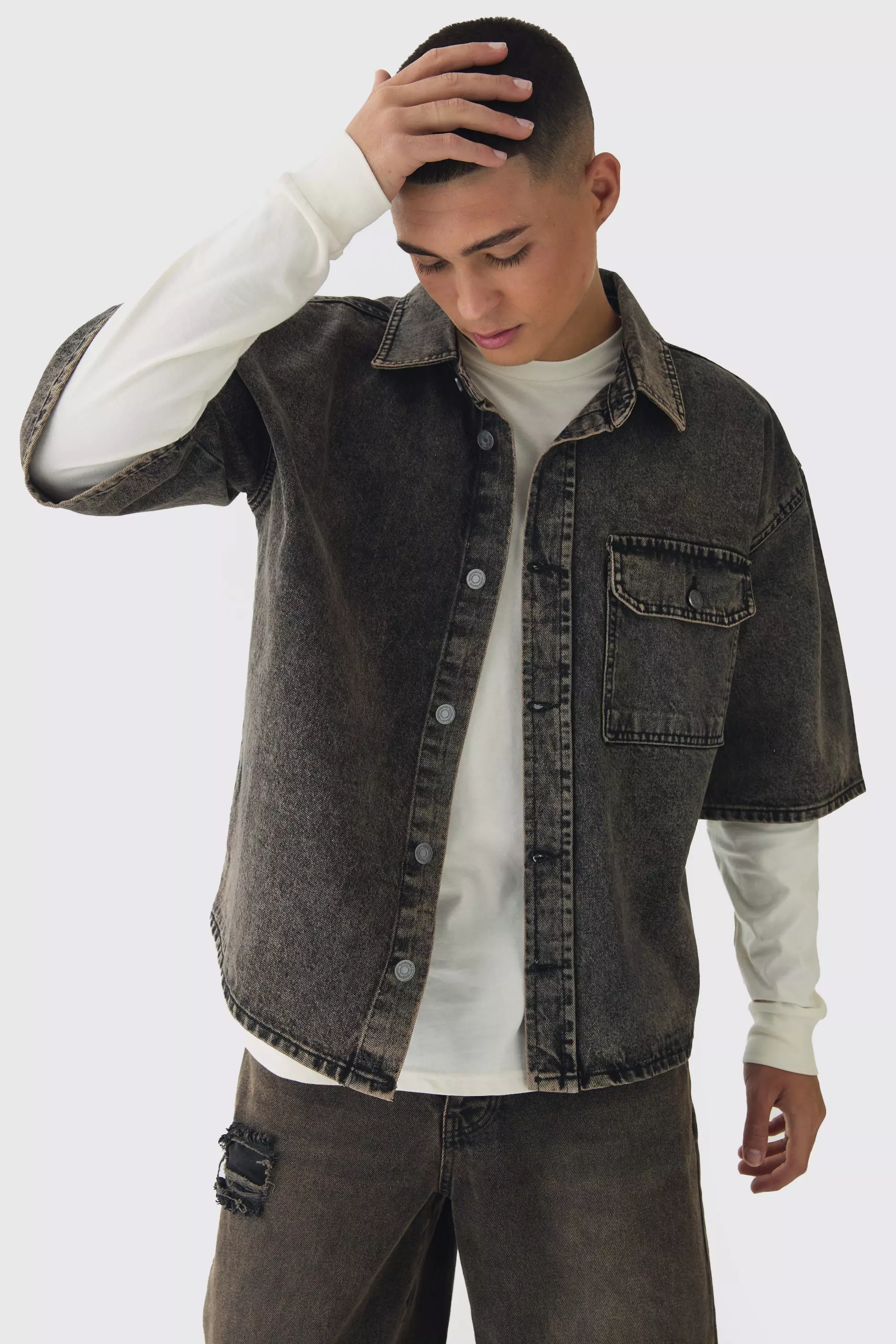 Oversized Boxy 3/4 Sleeve Denim Overshirt Brown