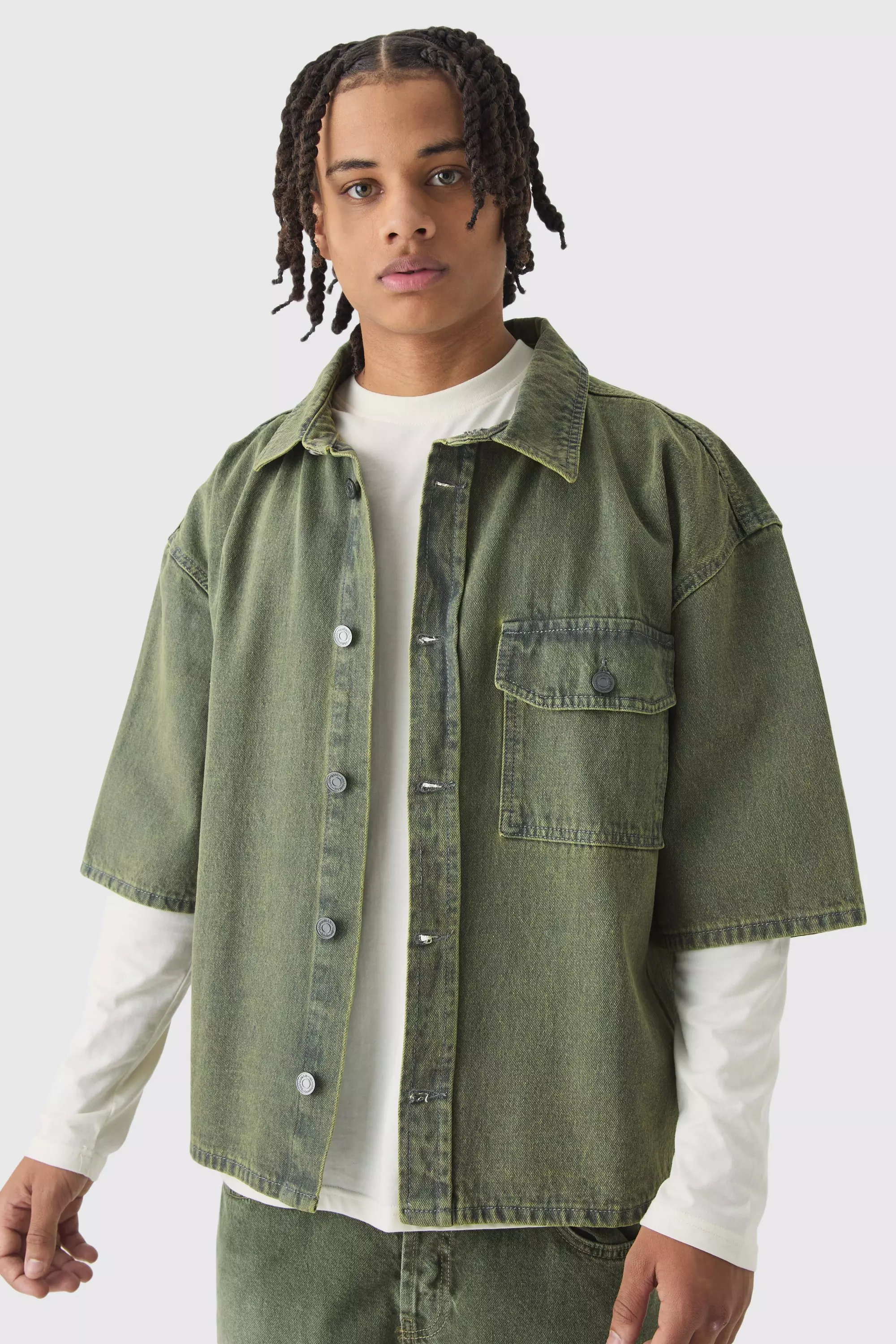 Oversized Boxy 3/4 Sleeve Denim Overshirt | boohooMAN USA