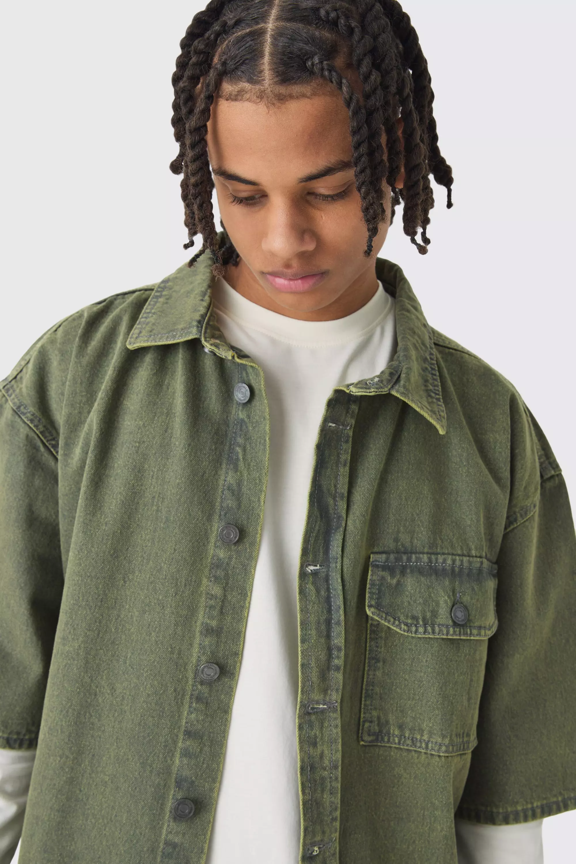 Oversized Boxy 3/4 Sleeve Denim Overshirt | boohooMAN USA