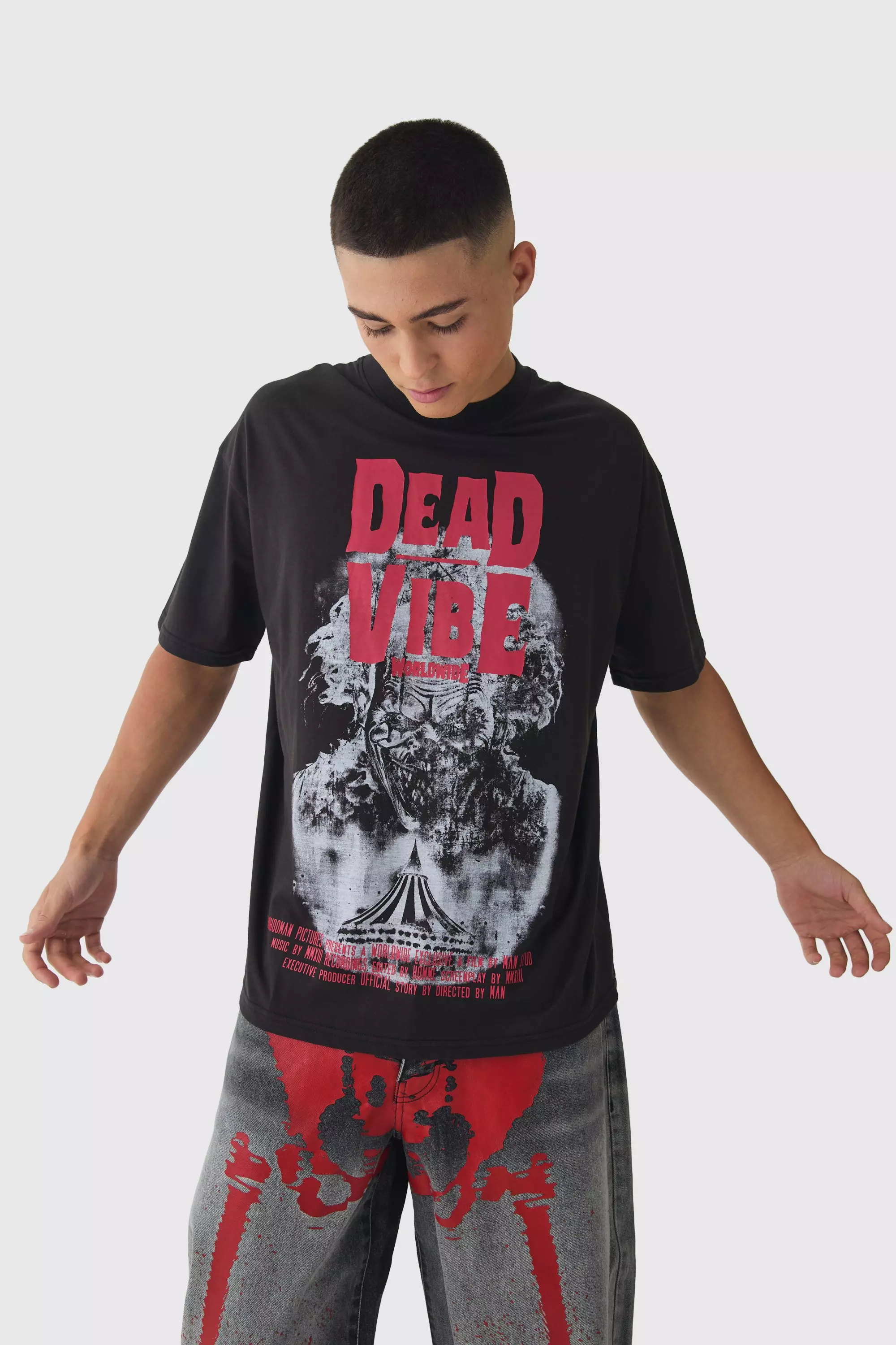 Oversized Extended Neck Dead Vibe Print T-Shirt Black