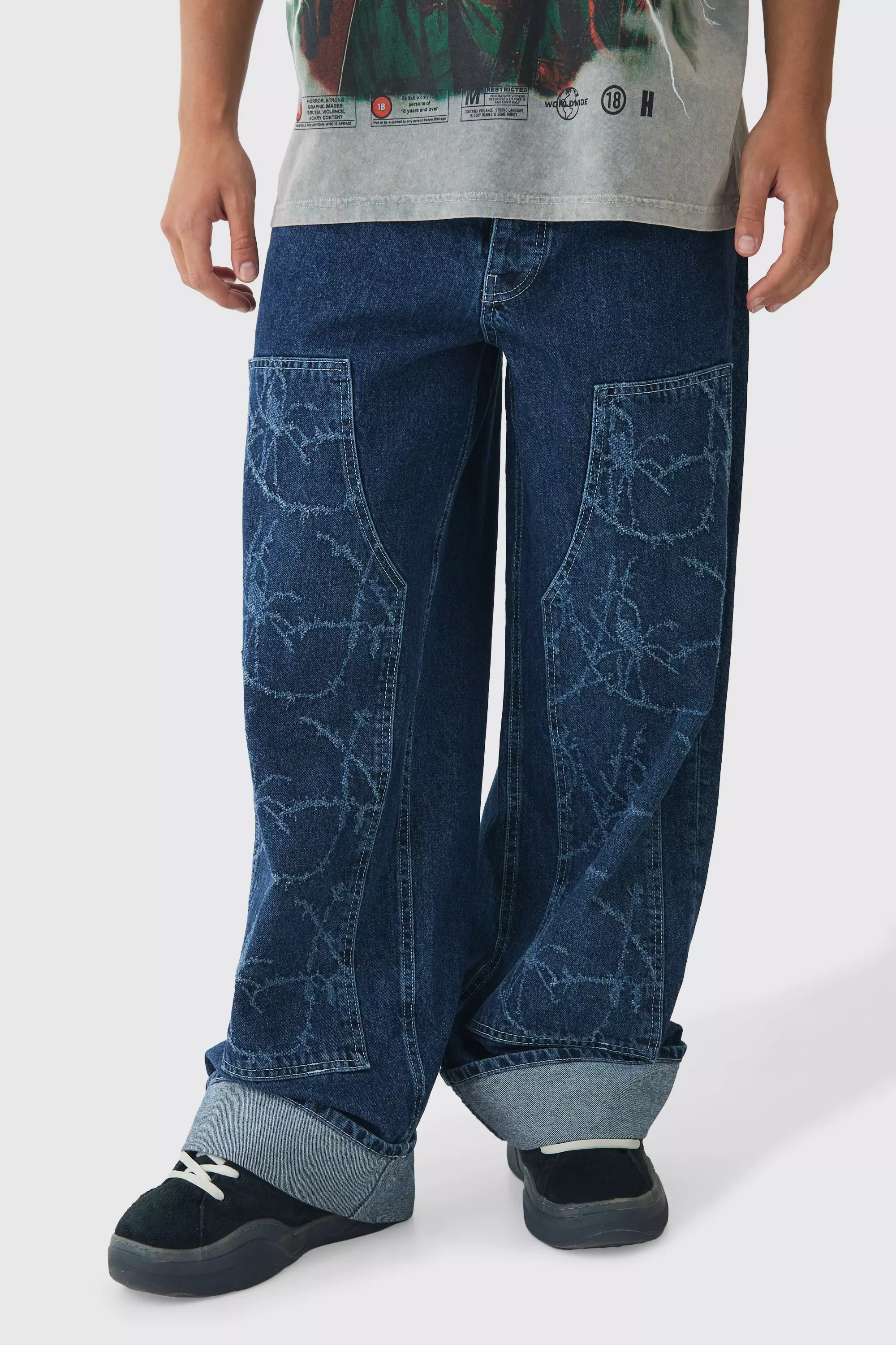 Baggy Fit Rigid Barbed Wire Laser Print Carpenter Jeans Indigo