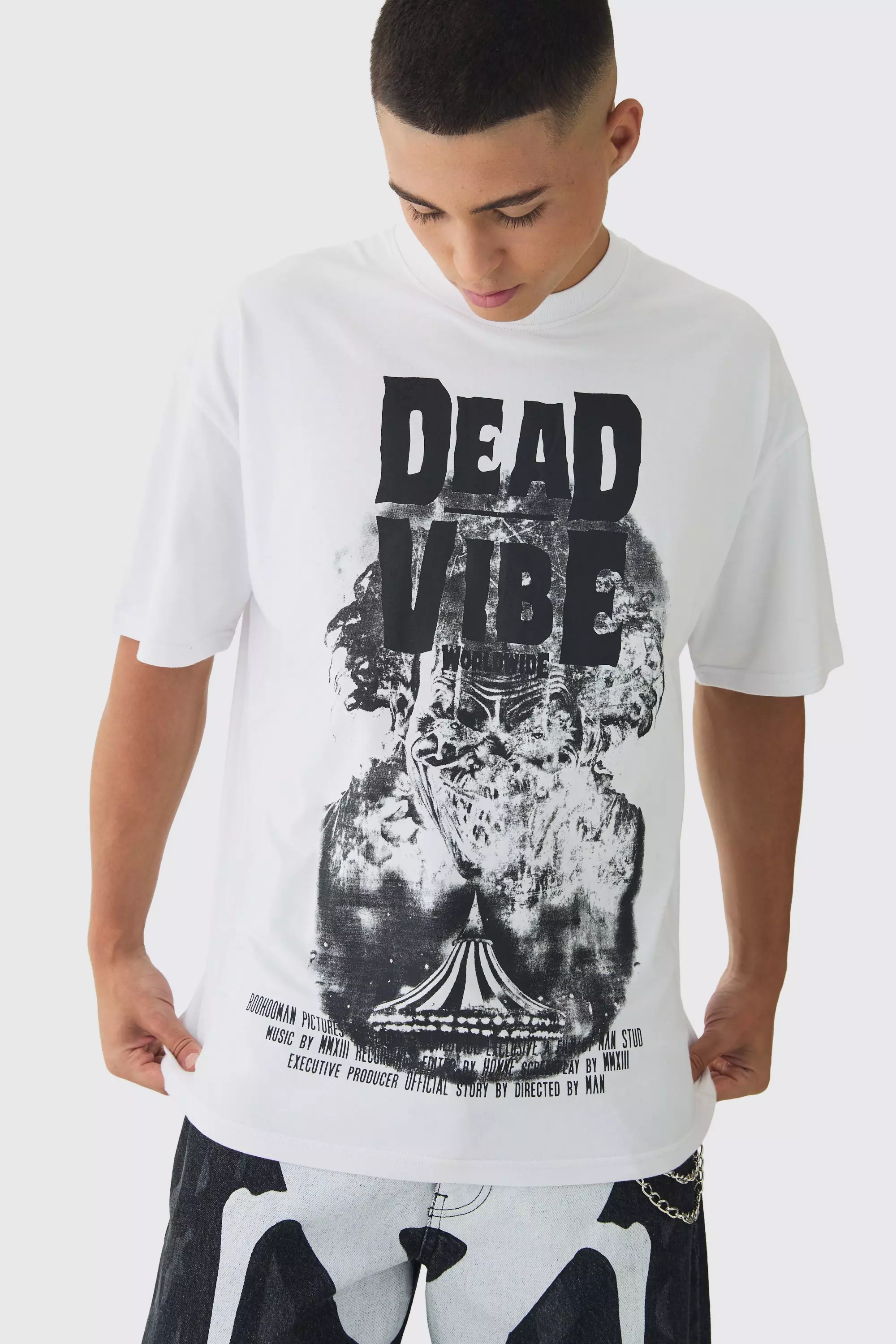 Oversized Extended Neck Dead Vibe Print T-Shirt White