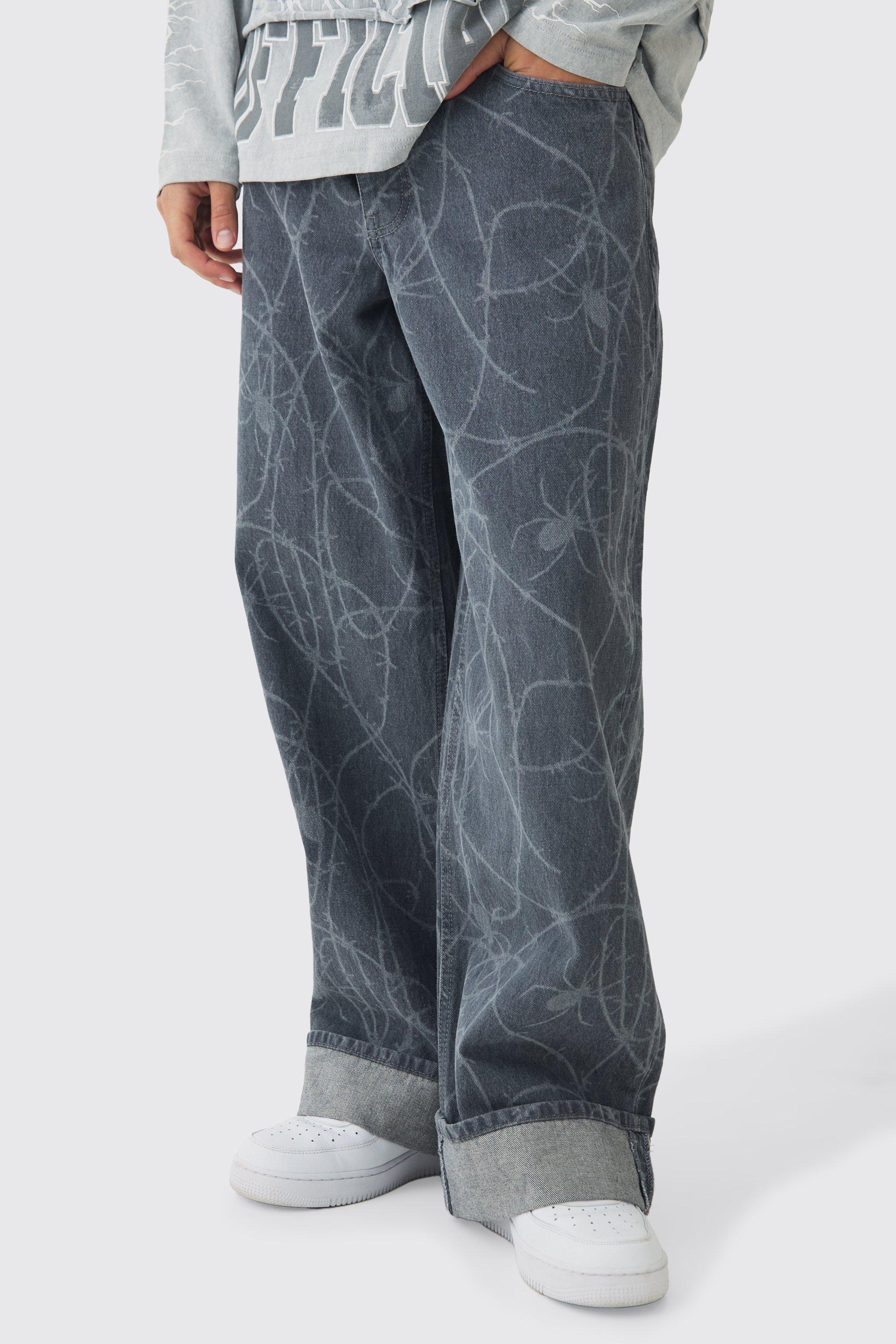 Grey Baggy Fit Rigid Barbed Wire Laser Print Jeans