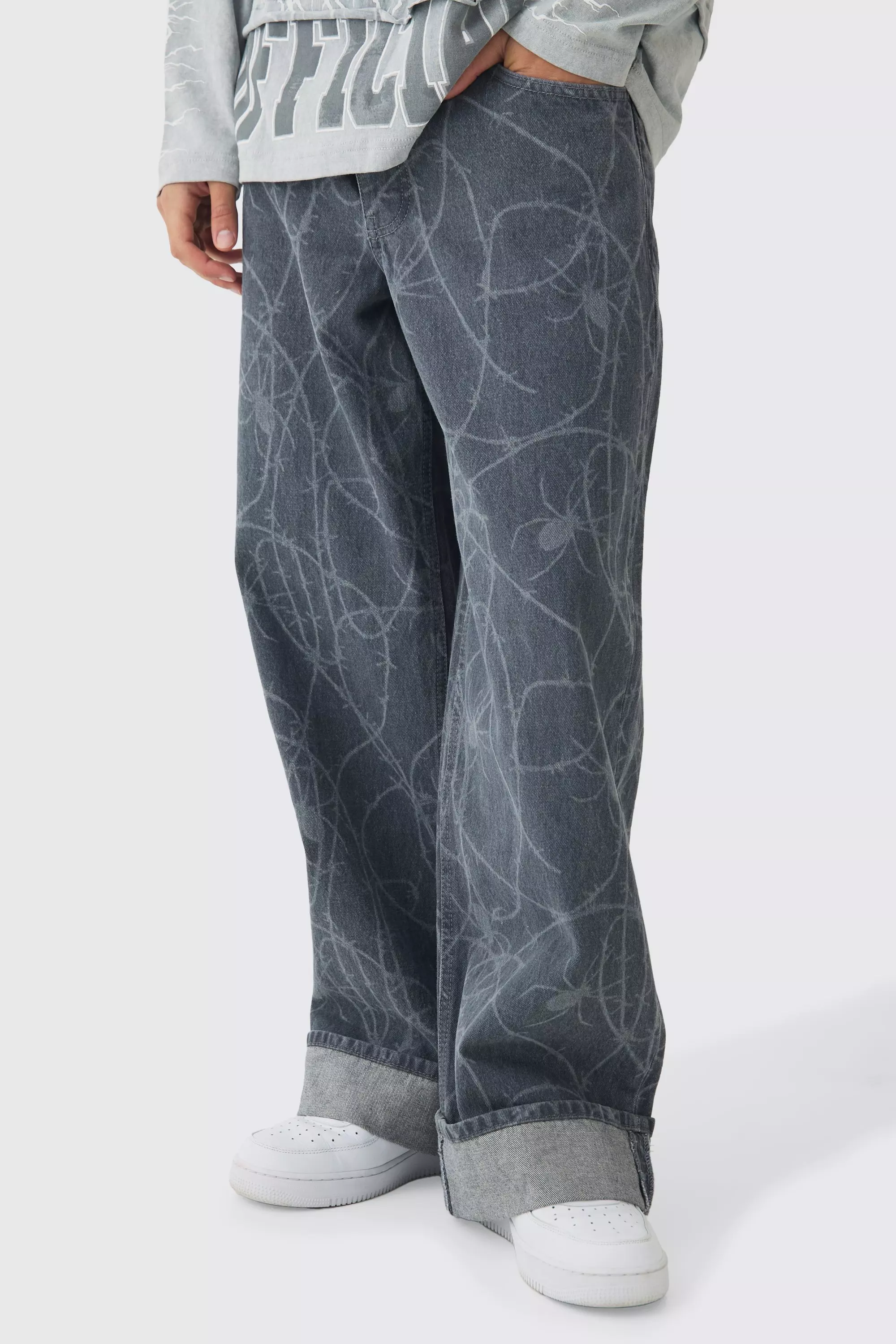 Baggy Fit Rigid Barbed Wire Laser Print Jeans Grey