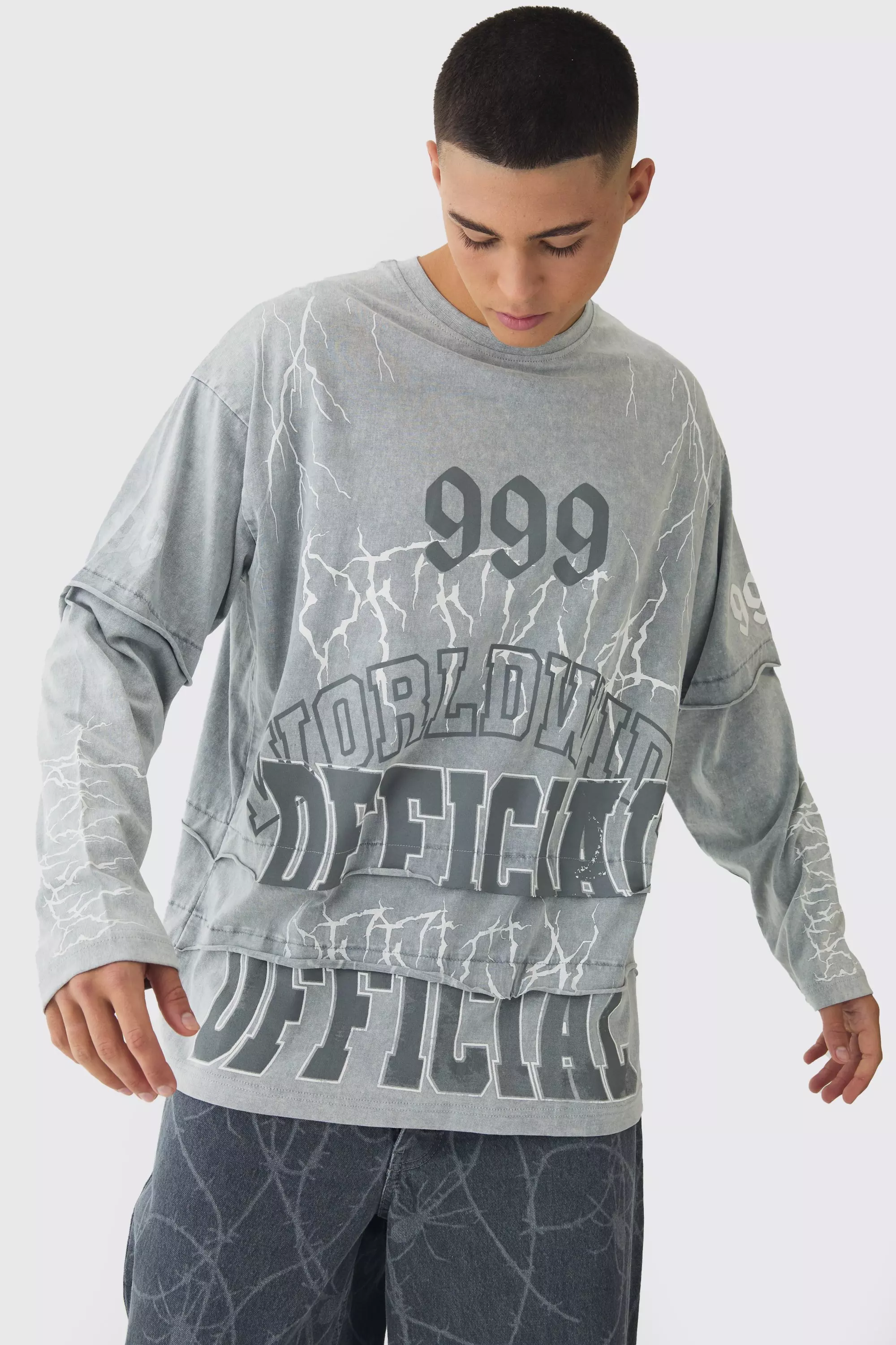 Oversized Faux Layer OFFCL Long Sleeve T-Shirt Grey