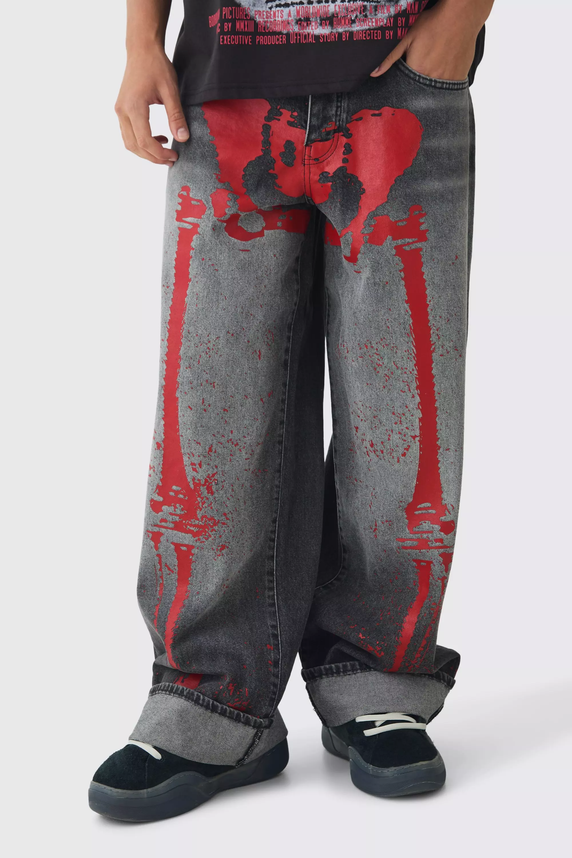 Baggy Fit Rigid Red Skeleton Printed Jeans Washed black