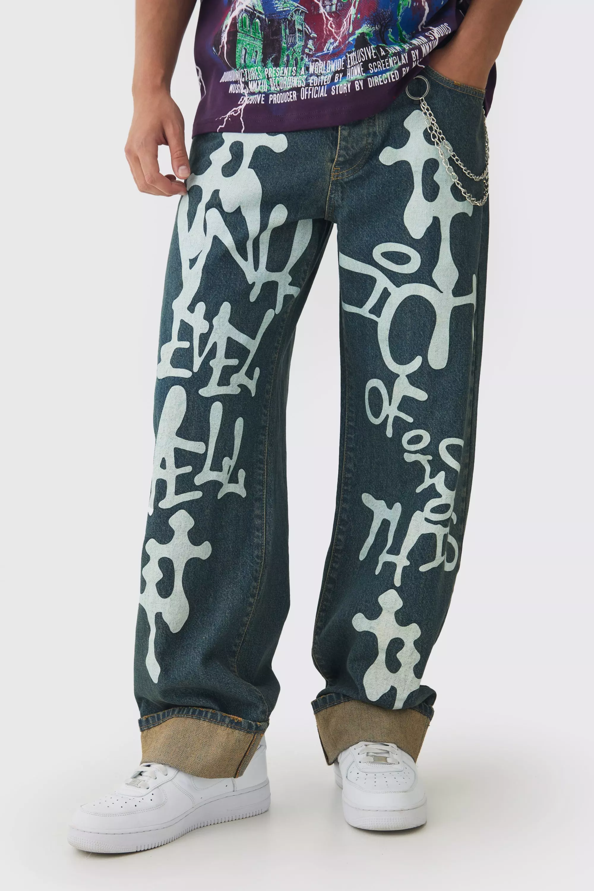 Relaxed Rigid Graffiti Spray Printed Jeans Antique blue