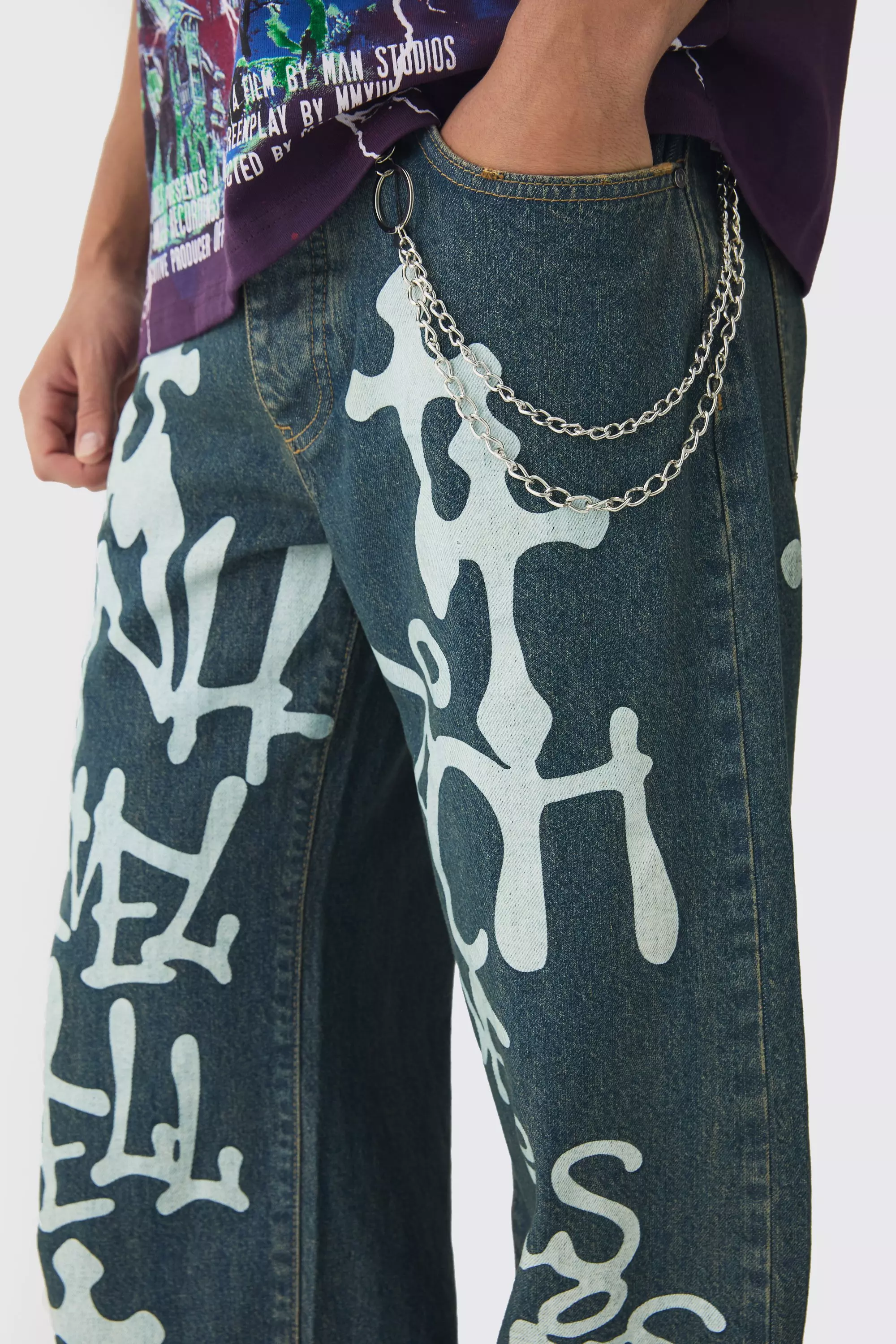 Relaxed Rigid Graffiti Spray Printed Jeans | boohooMAN USA