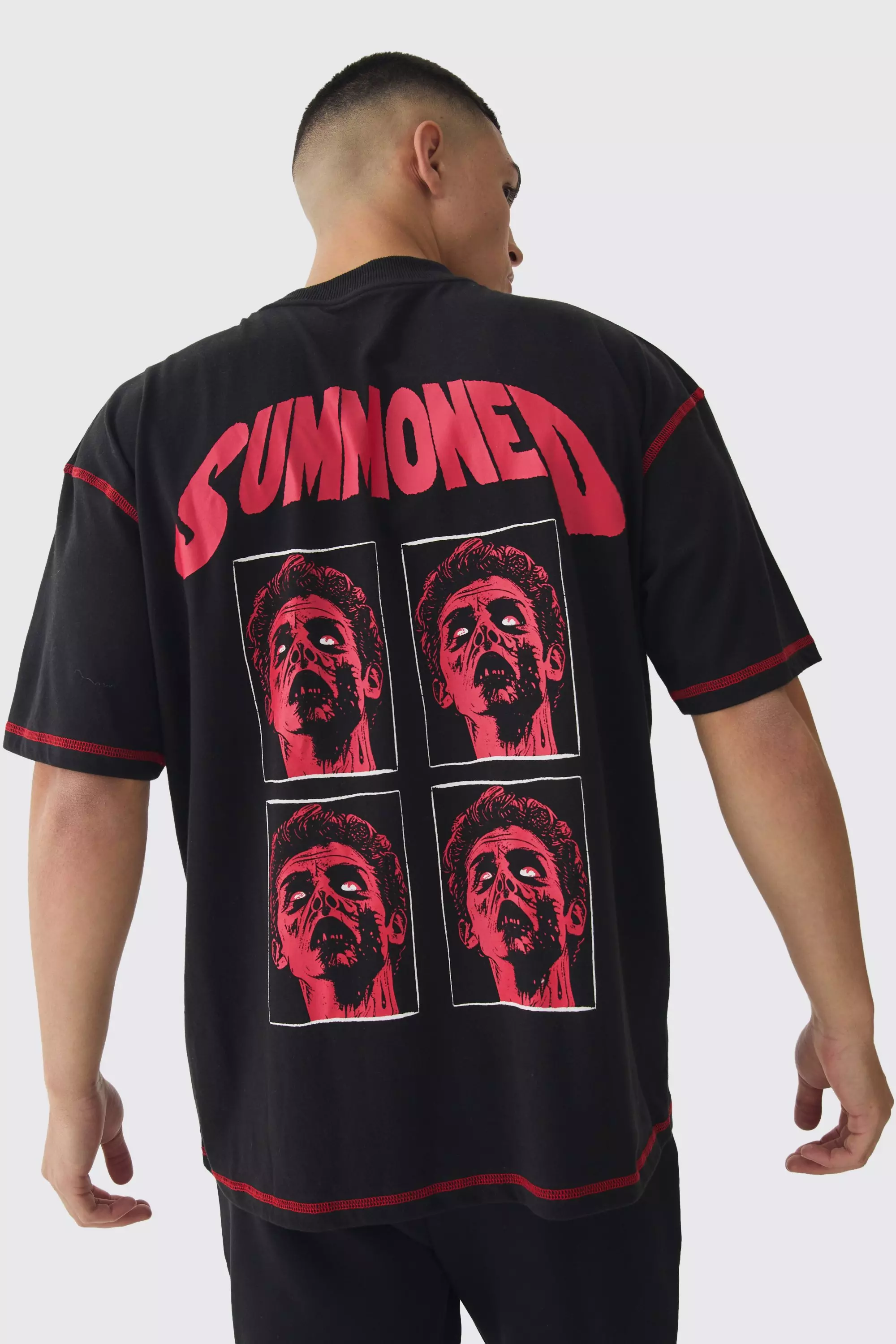 Oversized Extended Neck Contrast Stitch Summoned Print T-Shirt Black