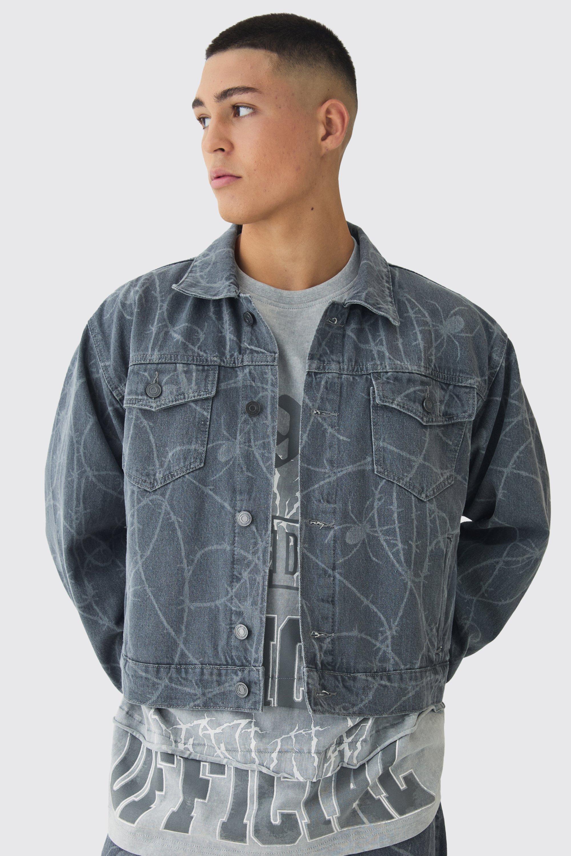 Boxy Fit Barbed Wire Laser Print Denim Jacket, Grey