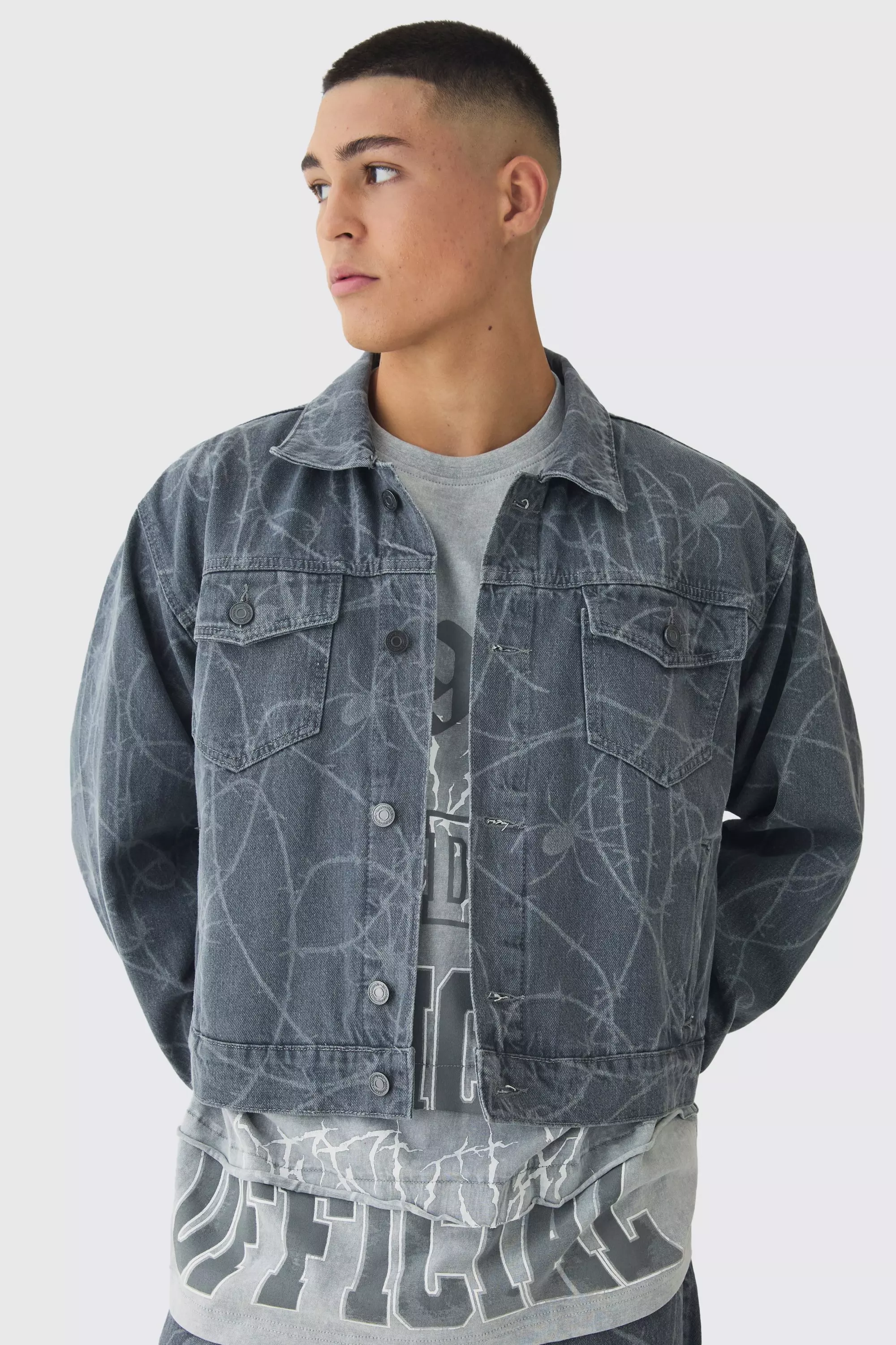 Boxy Fit Barbed Wire Laser Print Denim Jacket Grey