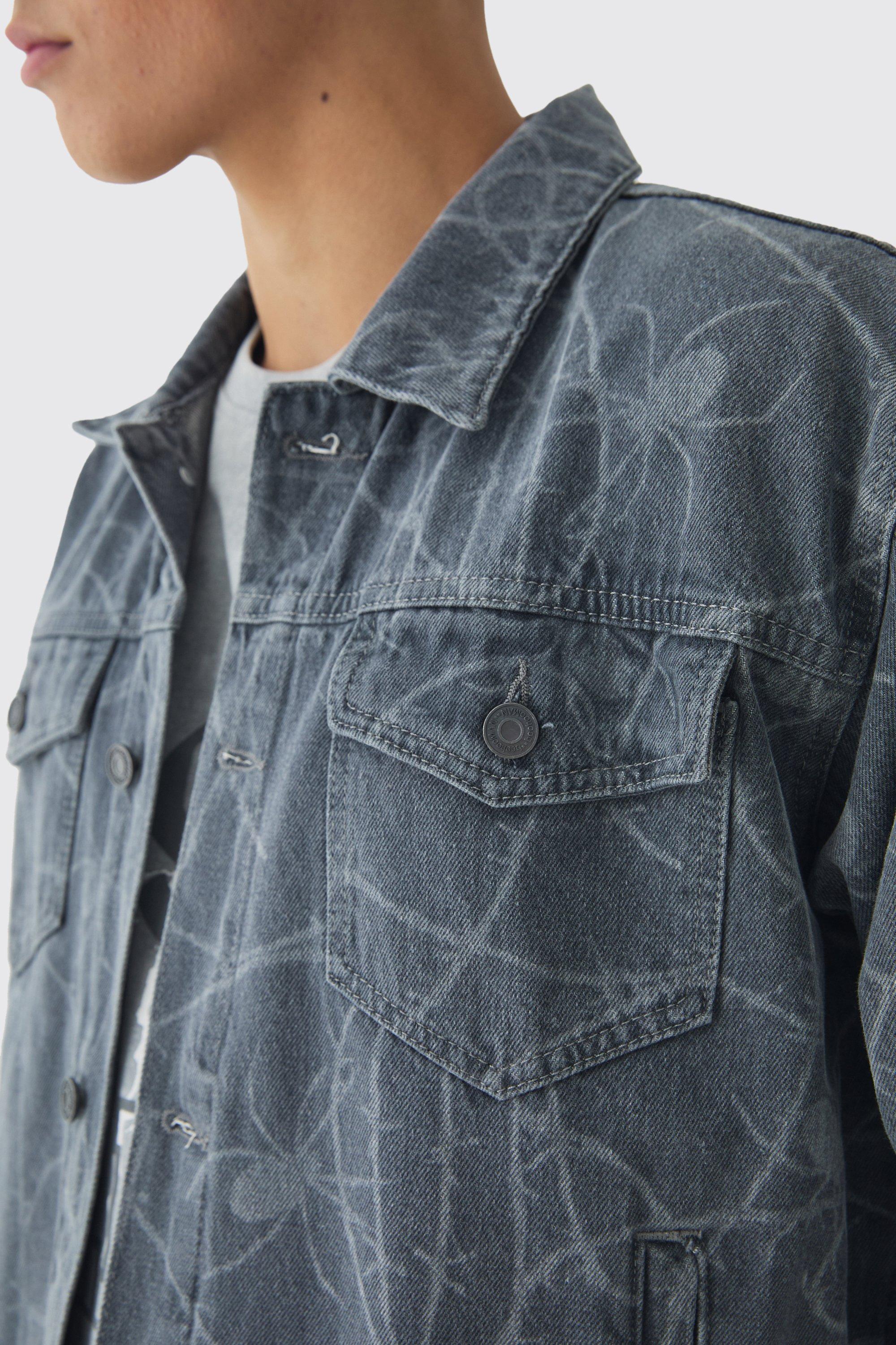 Boxy Fit Barbed Wire Laser Print Denim Jacket | boohooMAN UK