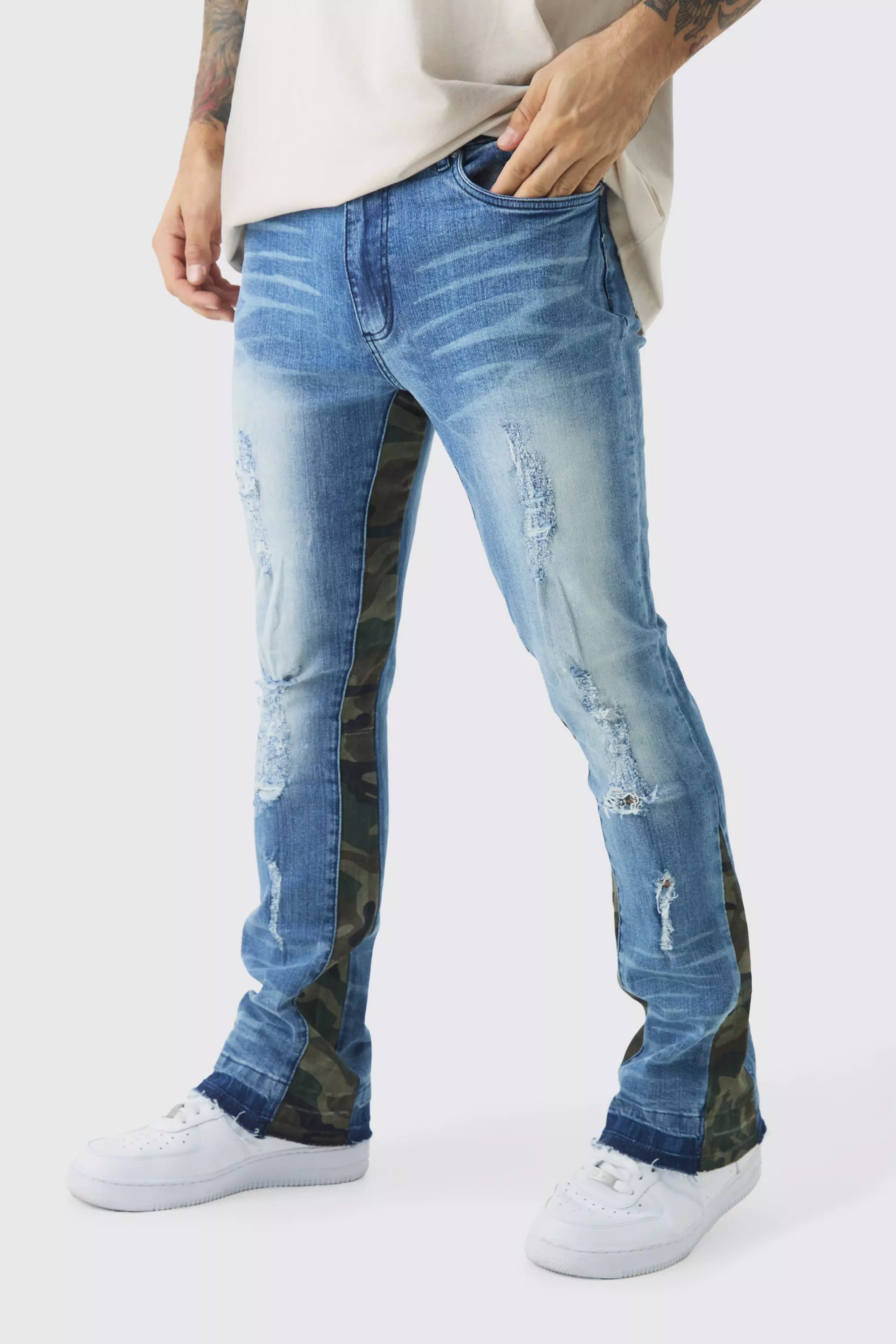 Jean flare déchiré à imprimé camouflage, Light blue autre image