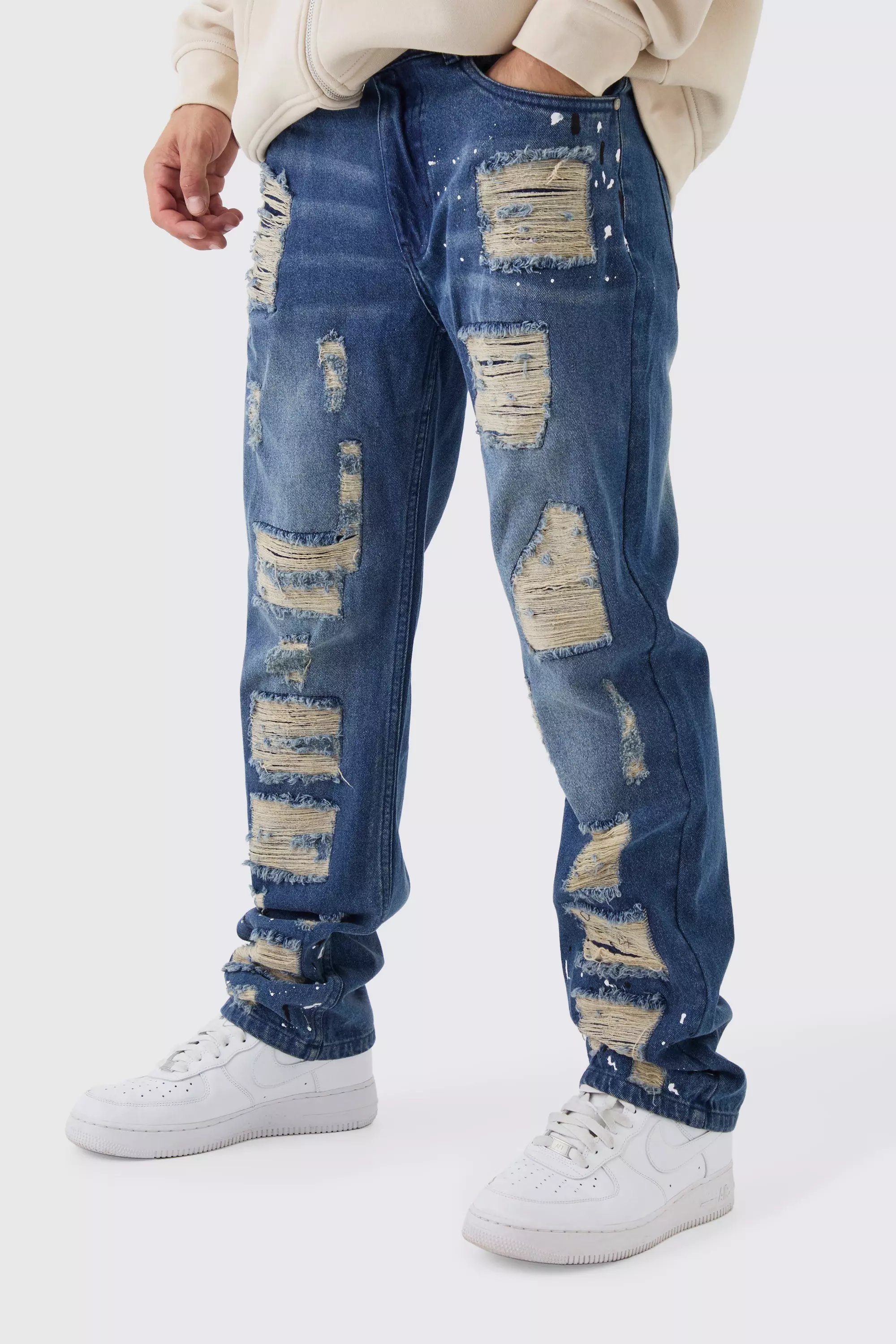 Straight Leg Ripped Paint Splatter Jeans Vintage blue