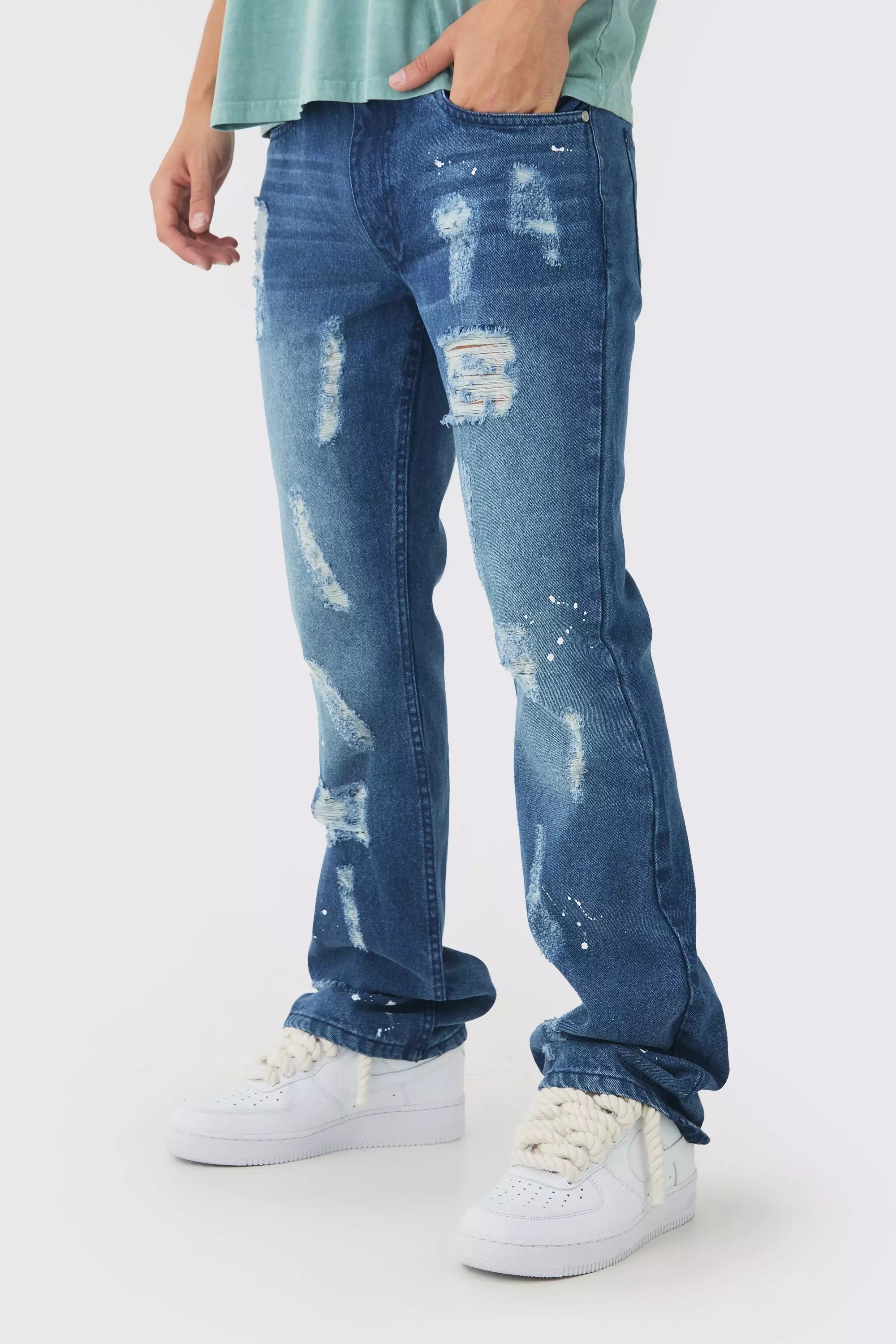 Slim Flared Ripped Paint Splatter Jeans Mid blue