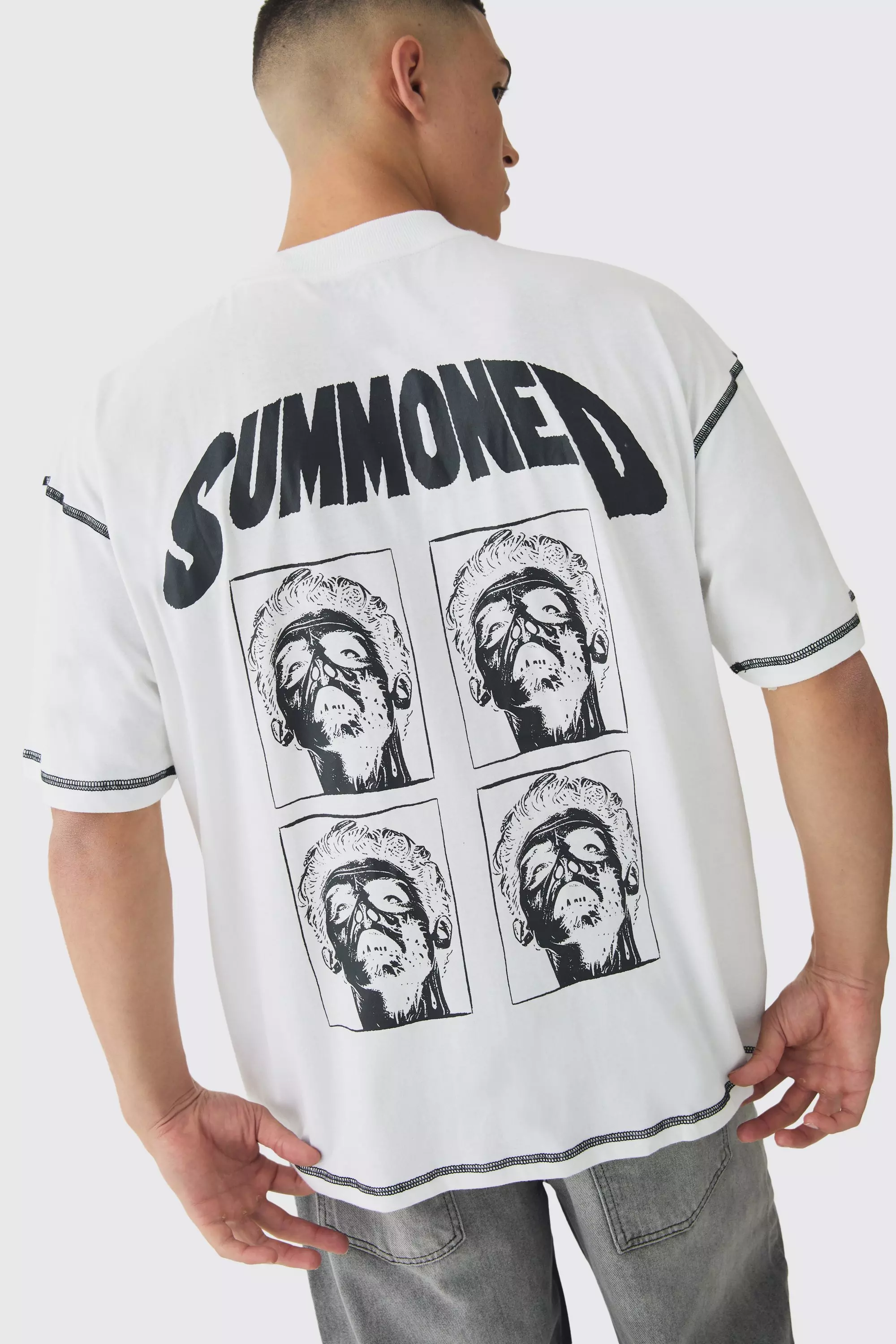 Oversized Extended Neck Contrast Stitch Summoned Print T-Shirt White