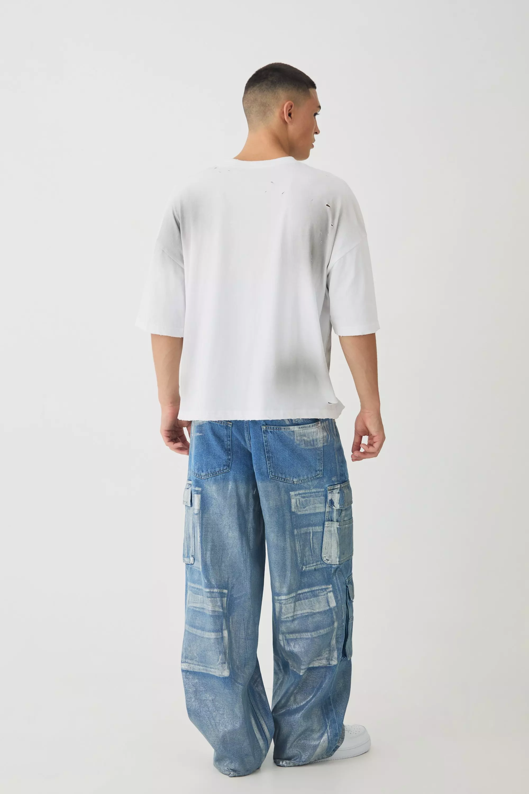 Baggy Rigid Sliver Metallic Coated Denim Cargo Jeans | boohooMAN USA