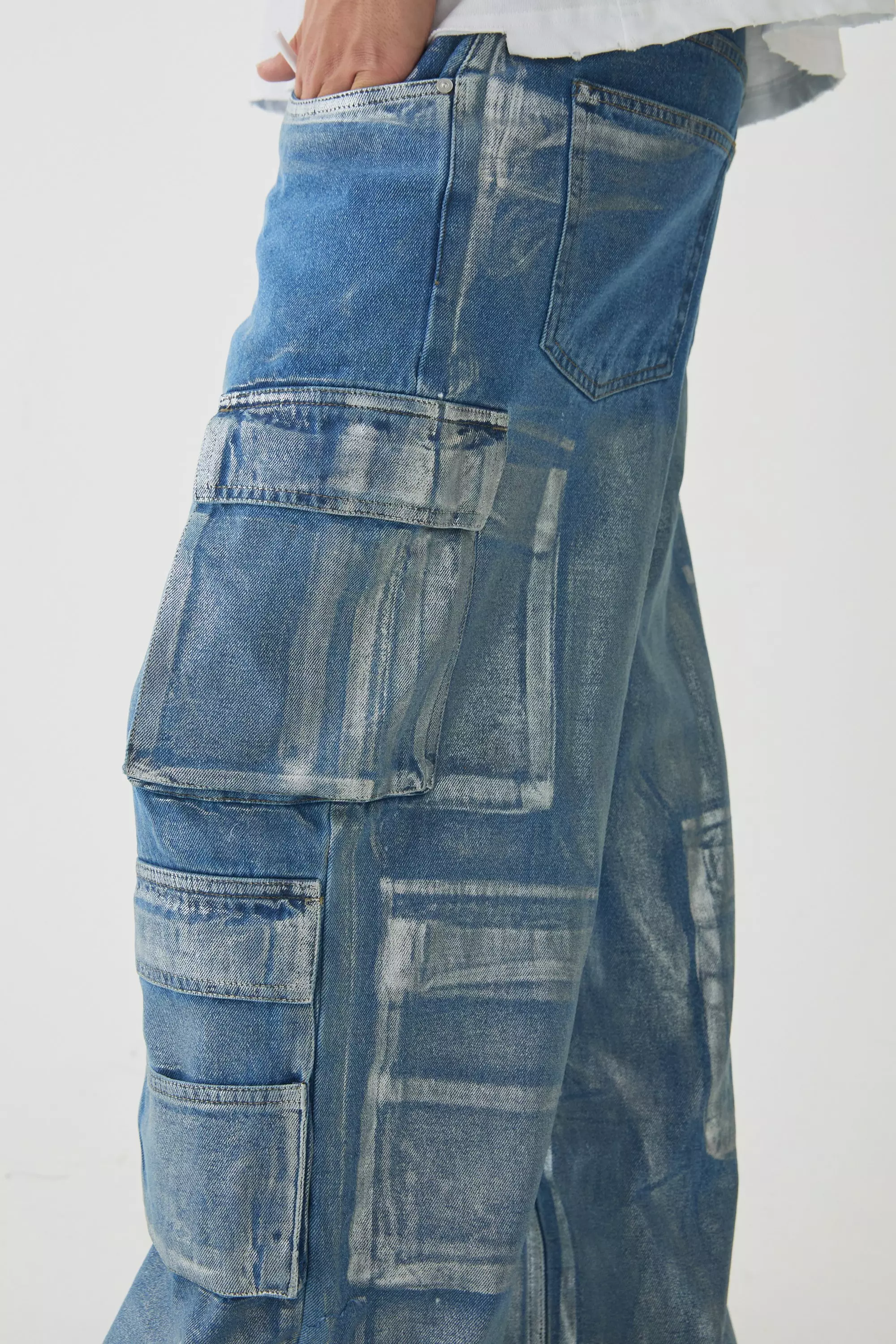 Baggy Rigid Sliver Metallic Coated Denim Cargo Jeans | boohooMAN USA