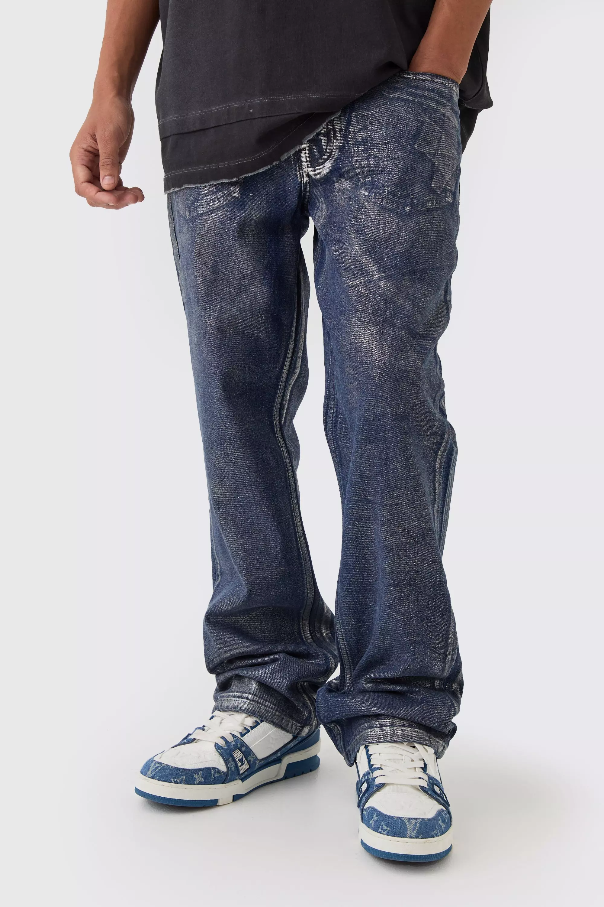 Straight Rigid Sliver Metallic Coated Denim Jeans Indigo