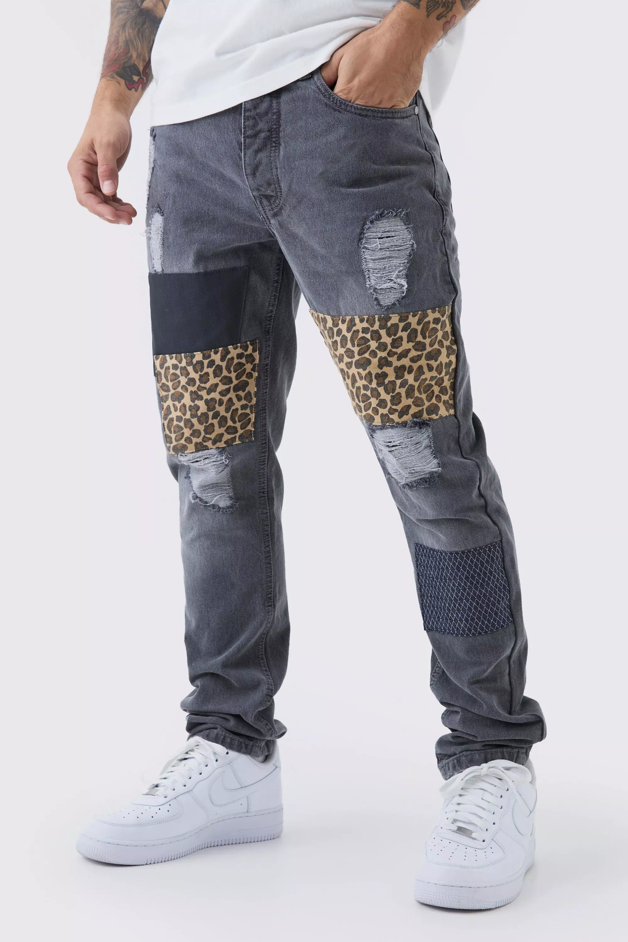 Grey Slim Fit Patchwork Leopard Ripped Jeans