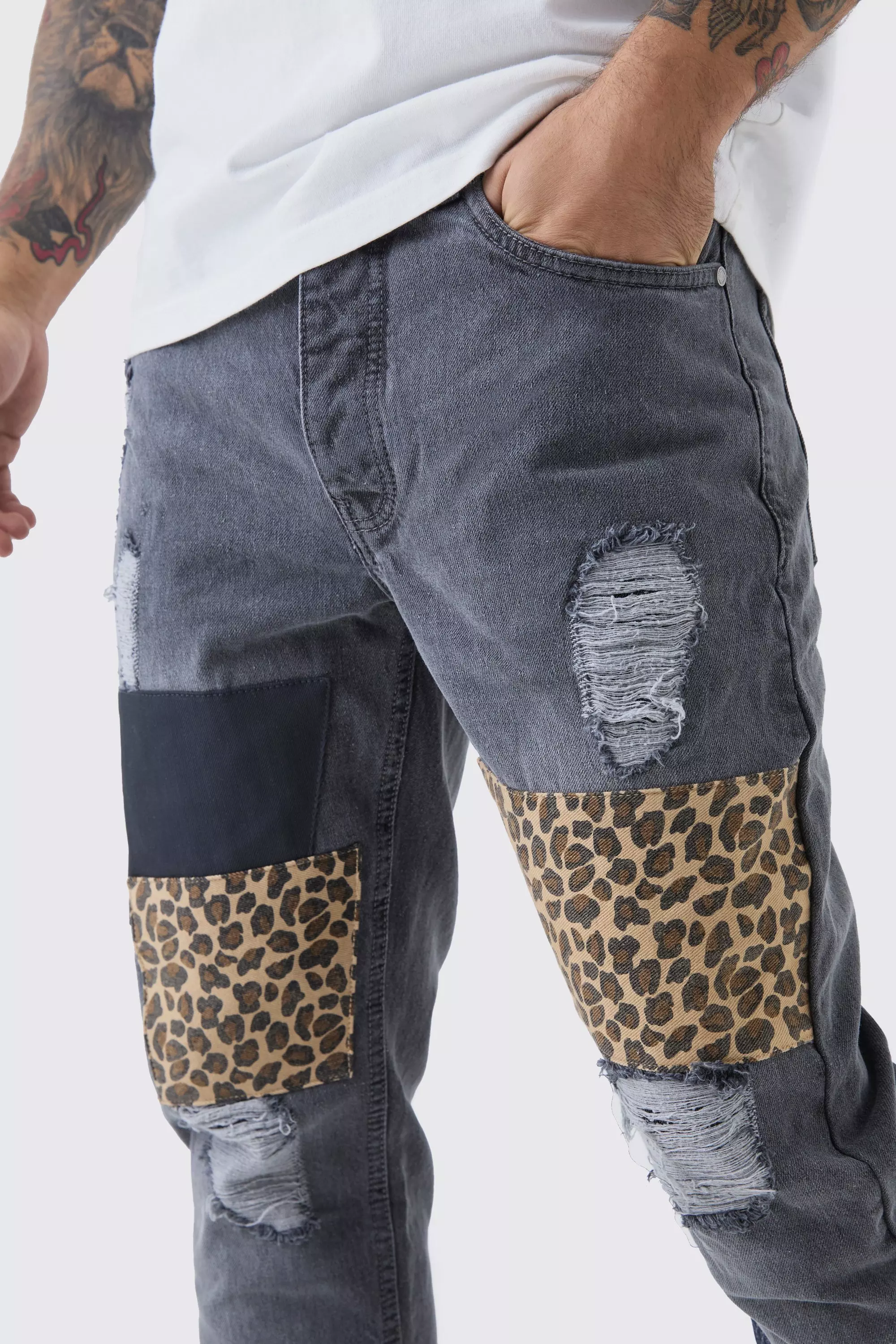 Jean slim déchiré à imprimé léopard patchwork, Mid grey autre image