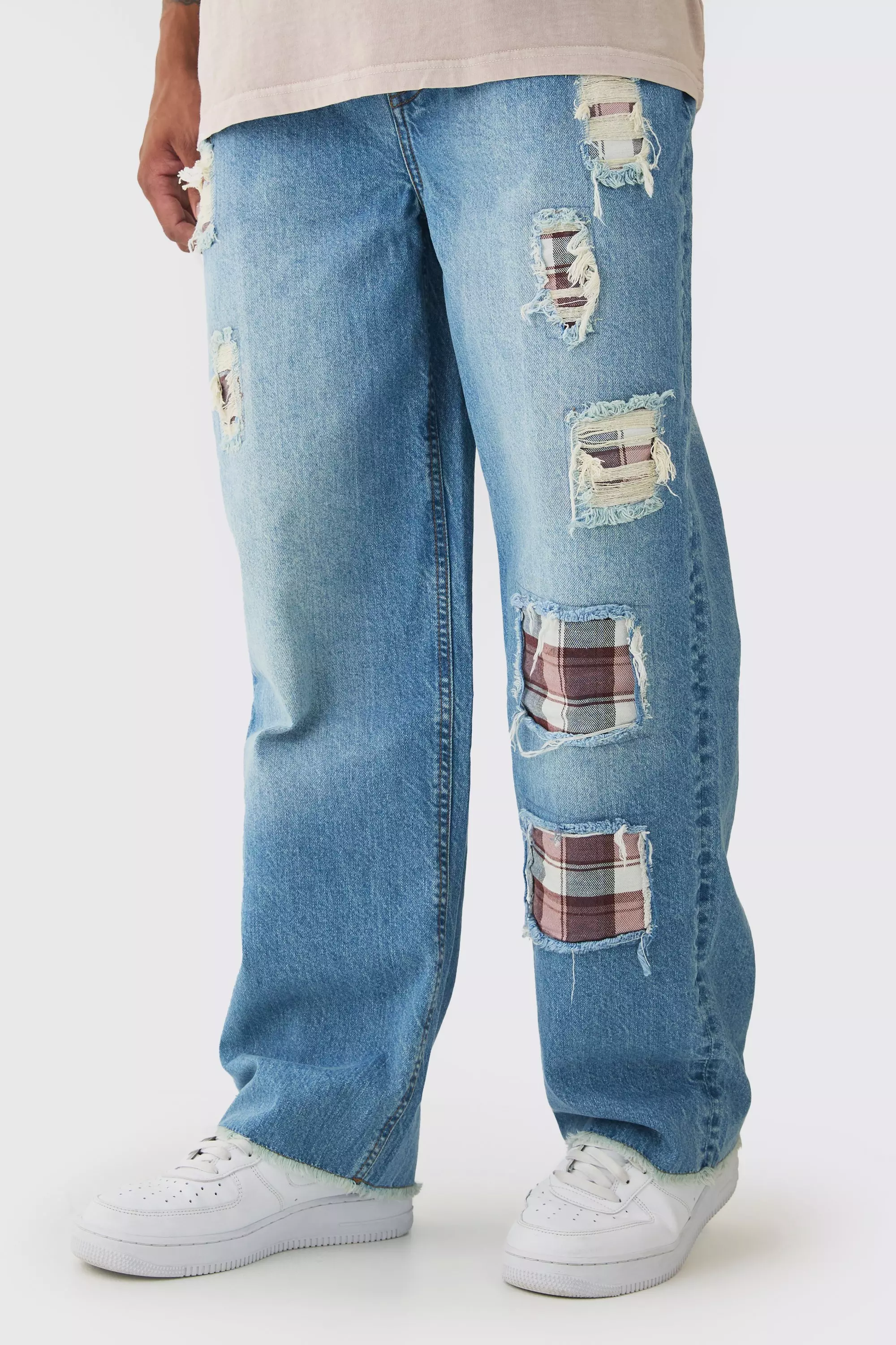 Relaxed Fit Rip & Repair Plaid Patchwork Jeans Mid blue