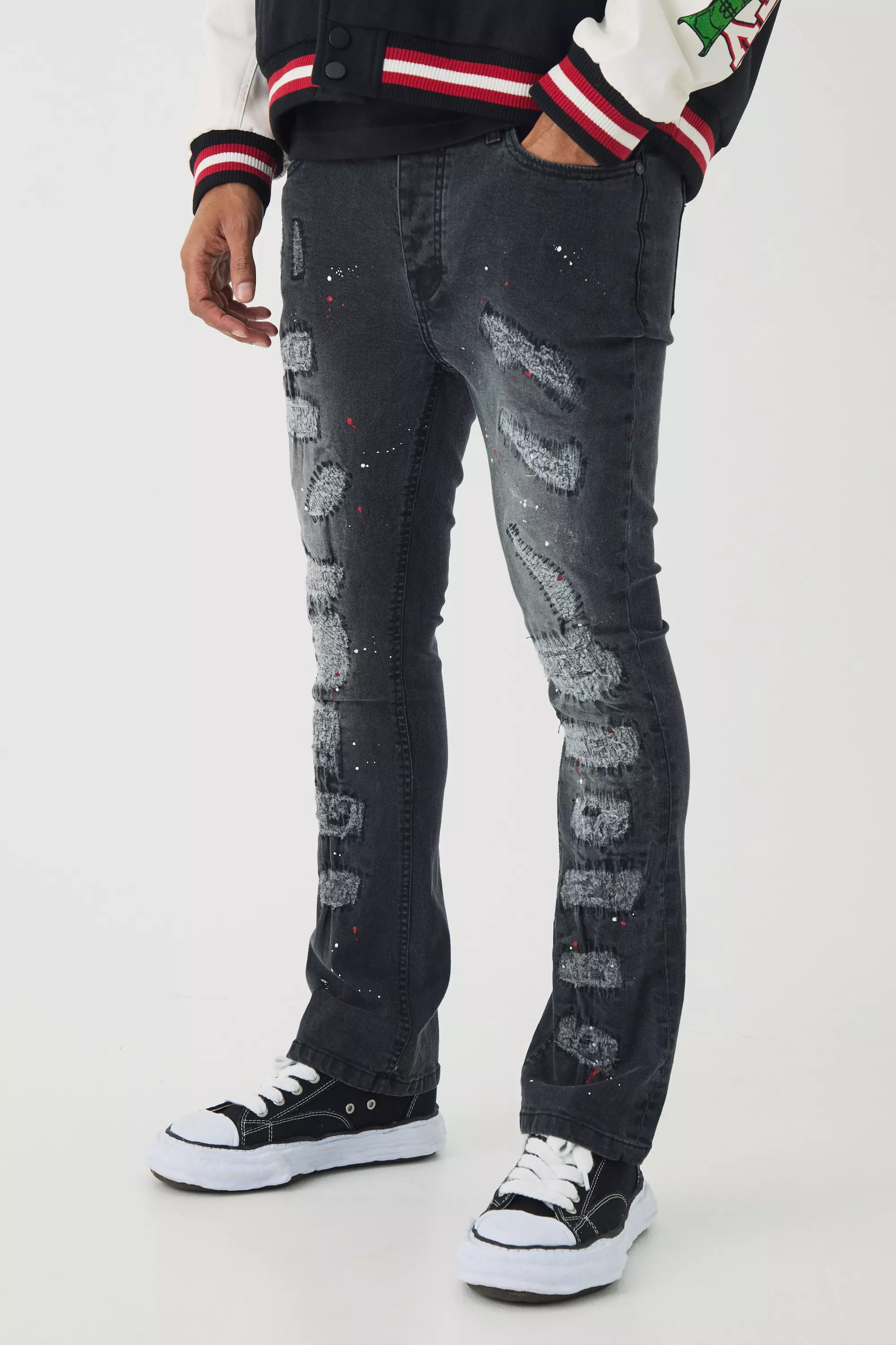 Skinny Flared Ripped Stitch Detail Paint Splatter Jeans Washed black