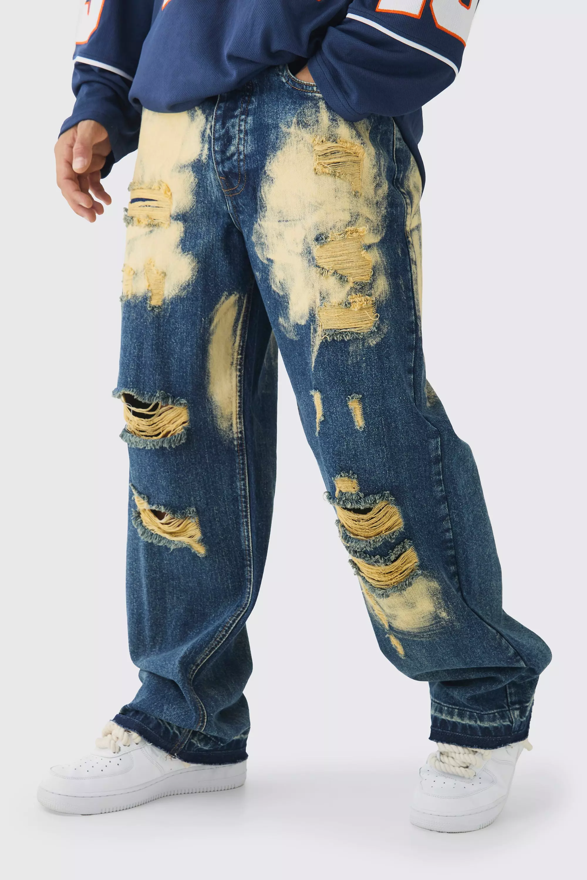 Relaxed Ripped Bleached Jeans With Let Down Hem Vintage blue