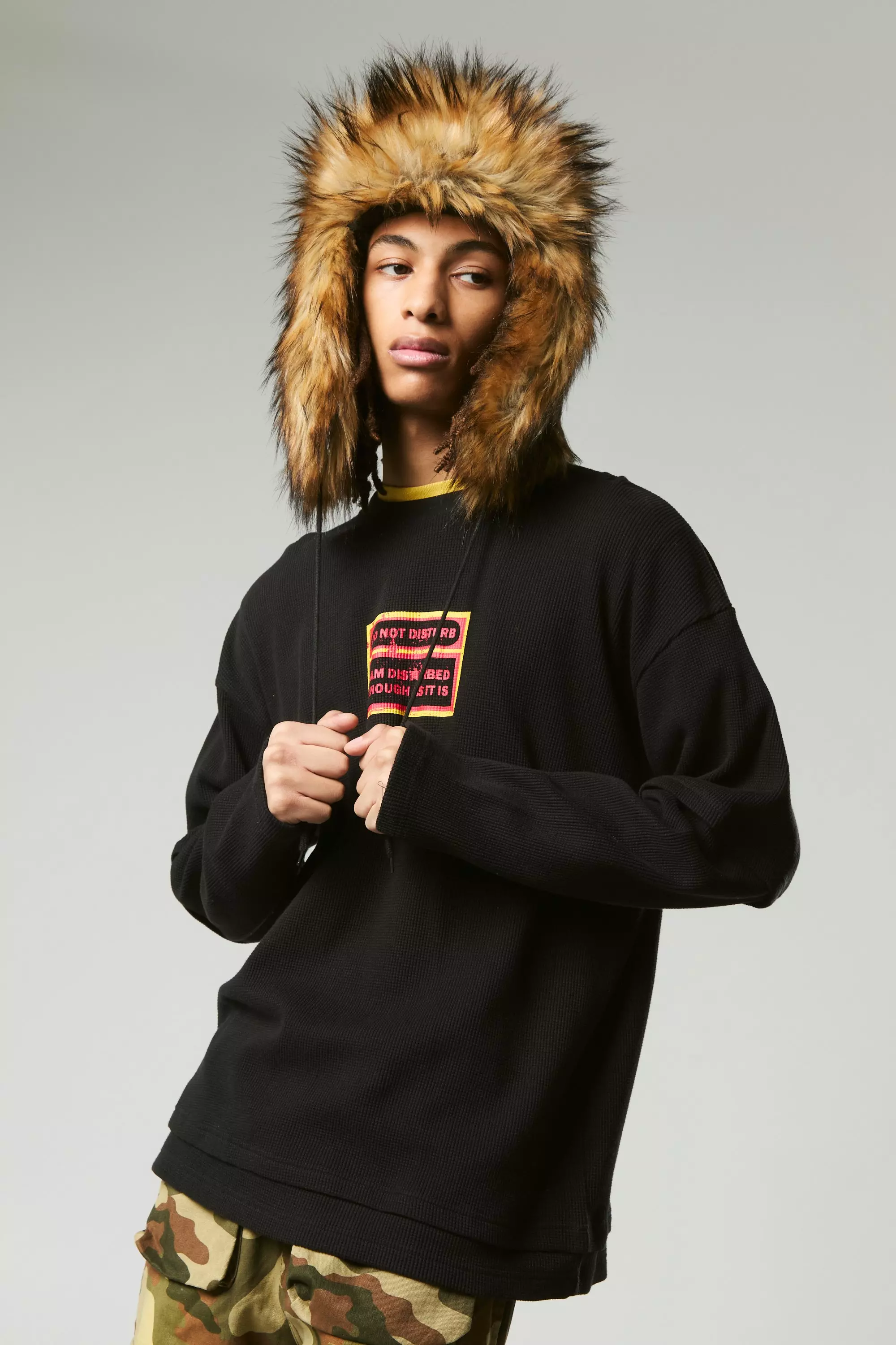 Oversized Waffle Slogan Long Sleeve Layered Top Black