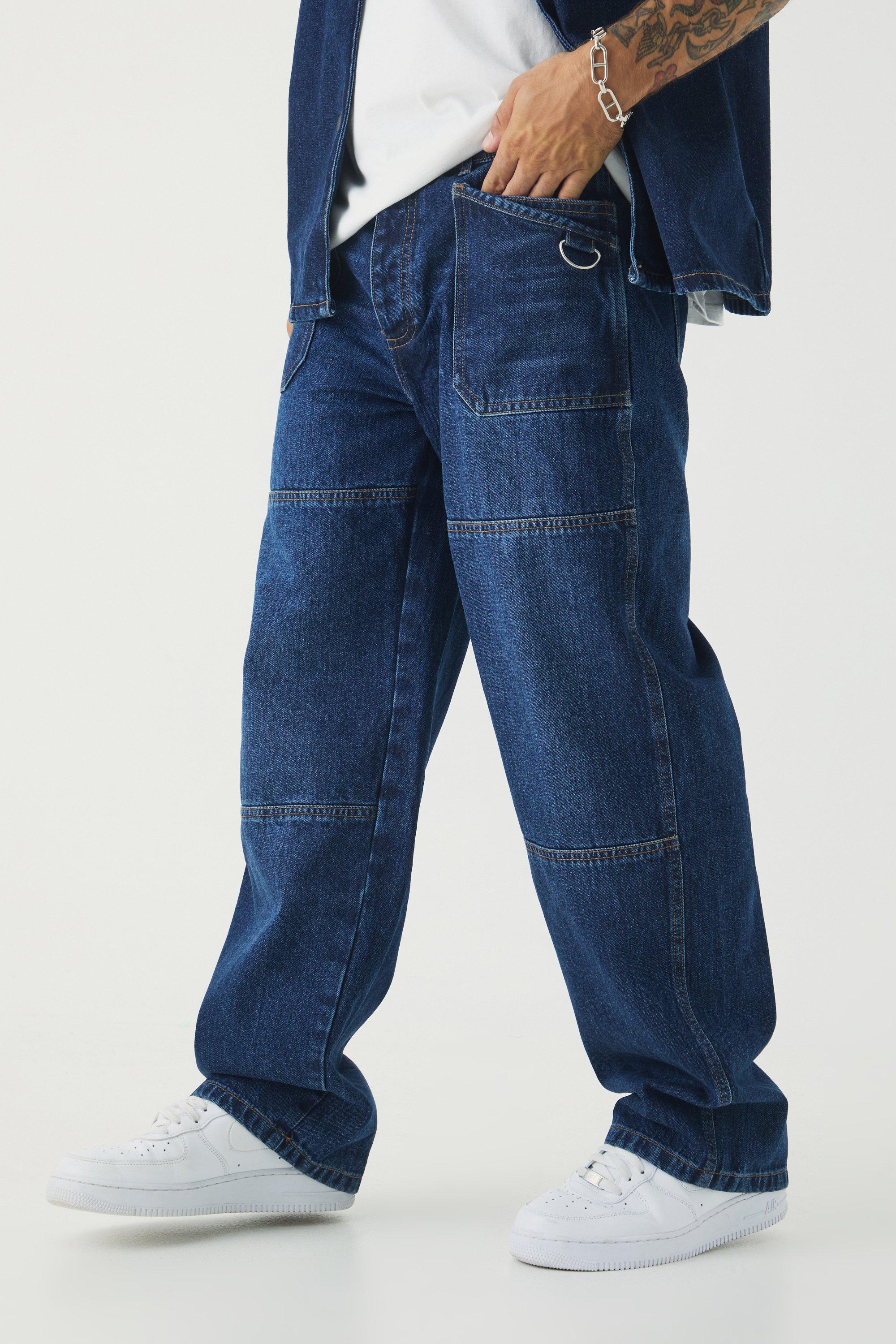 Indigo Onbewerkte Baggy Jeans Met Karabijnhaak