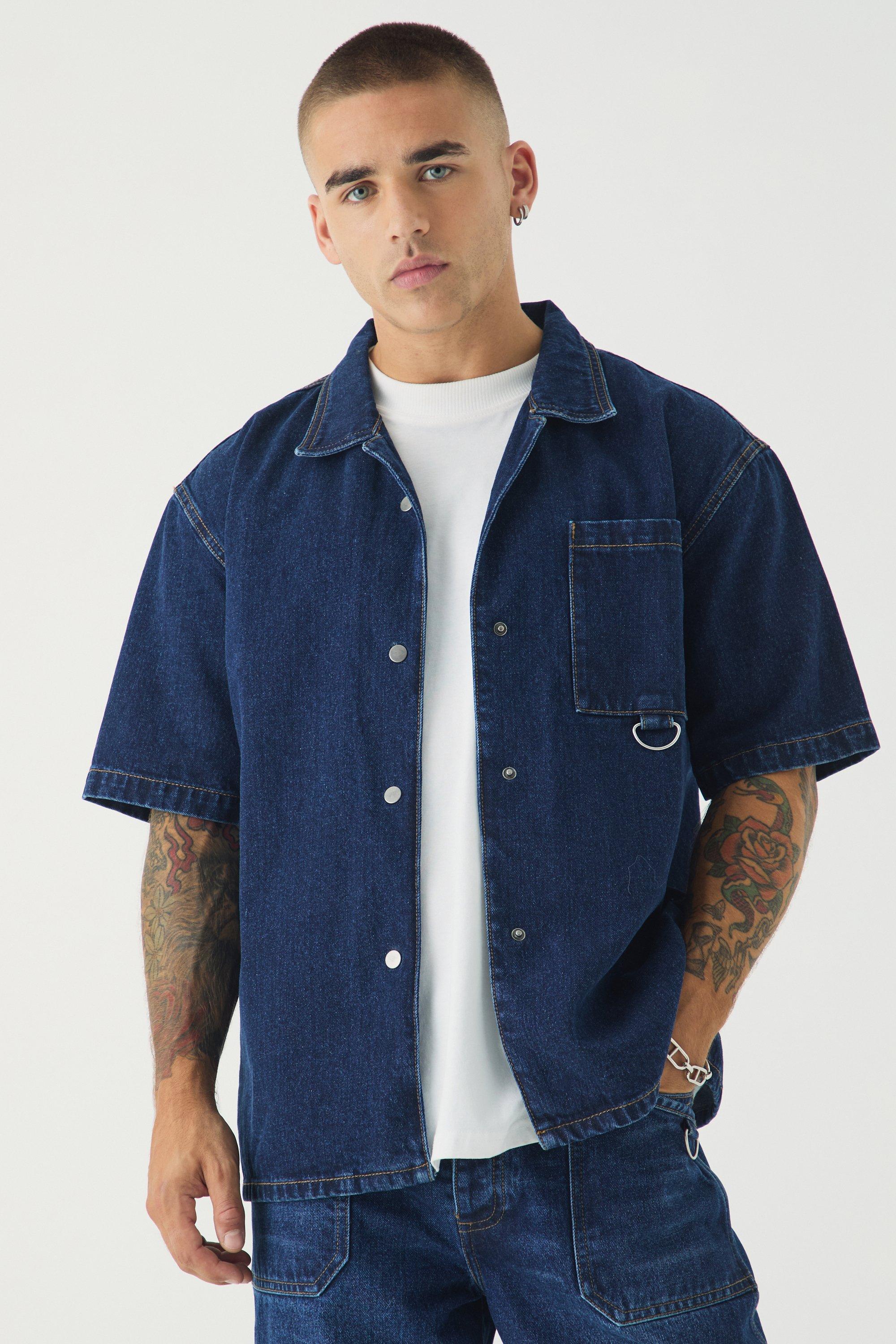 Kurzärmliges kastiges Oversize Hemd, Indigo