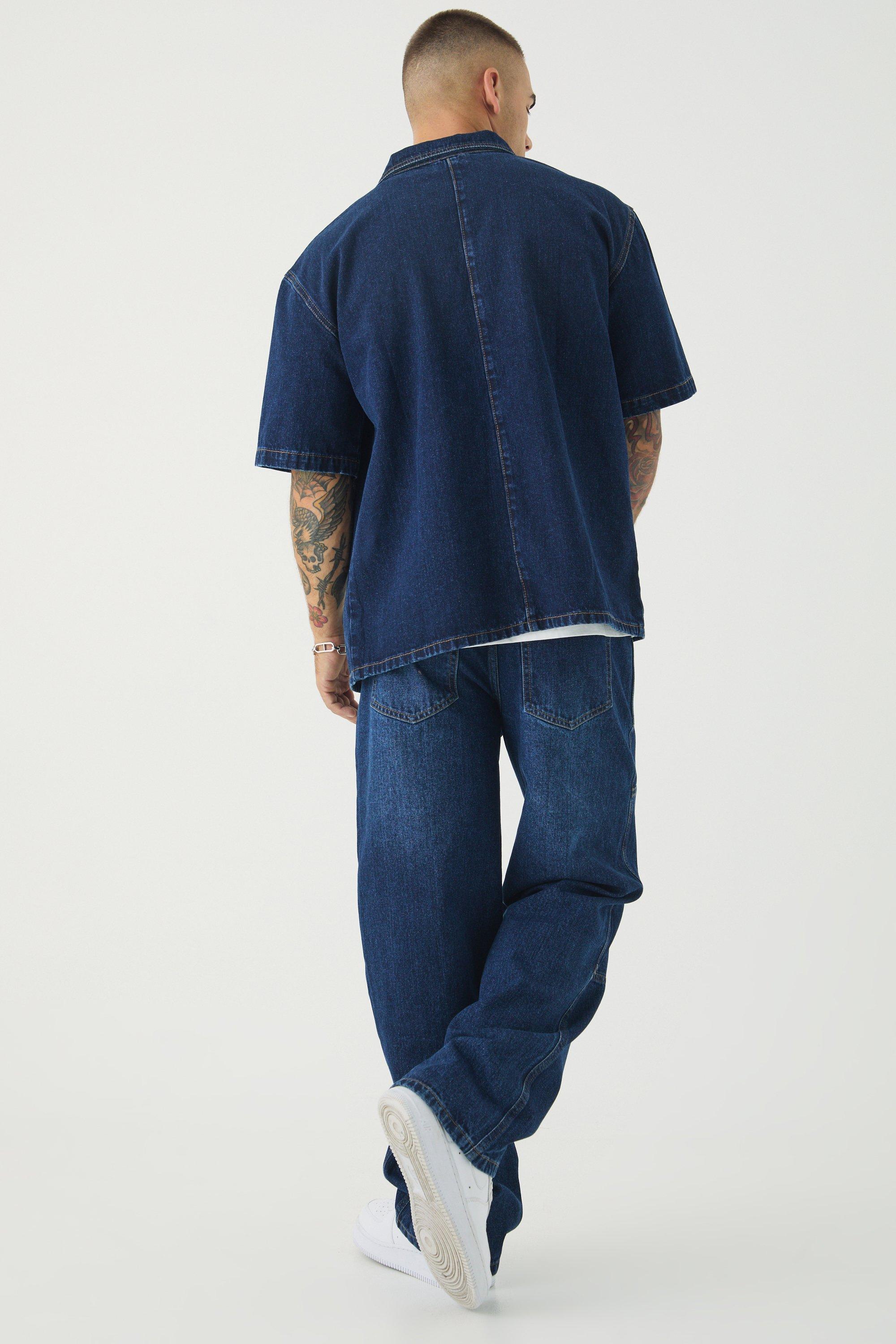 Short Sleeve Oversized Boxy Revere Denim Shirt | boohooMAN USA