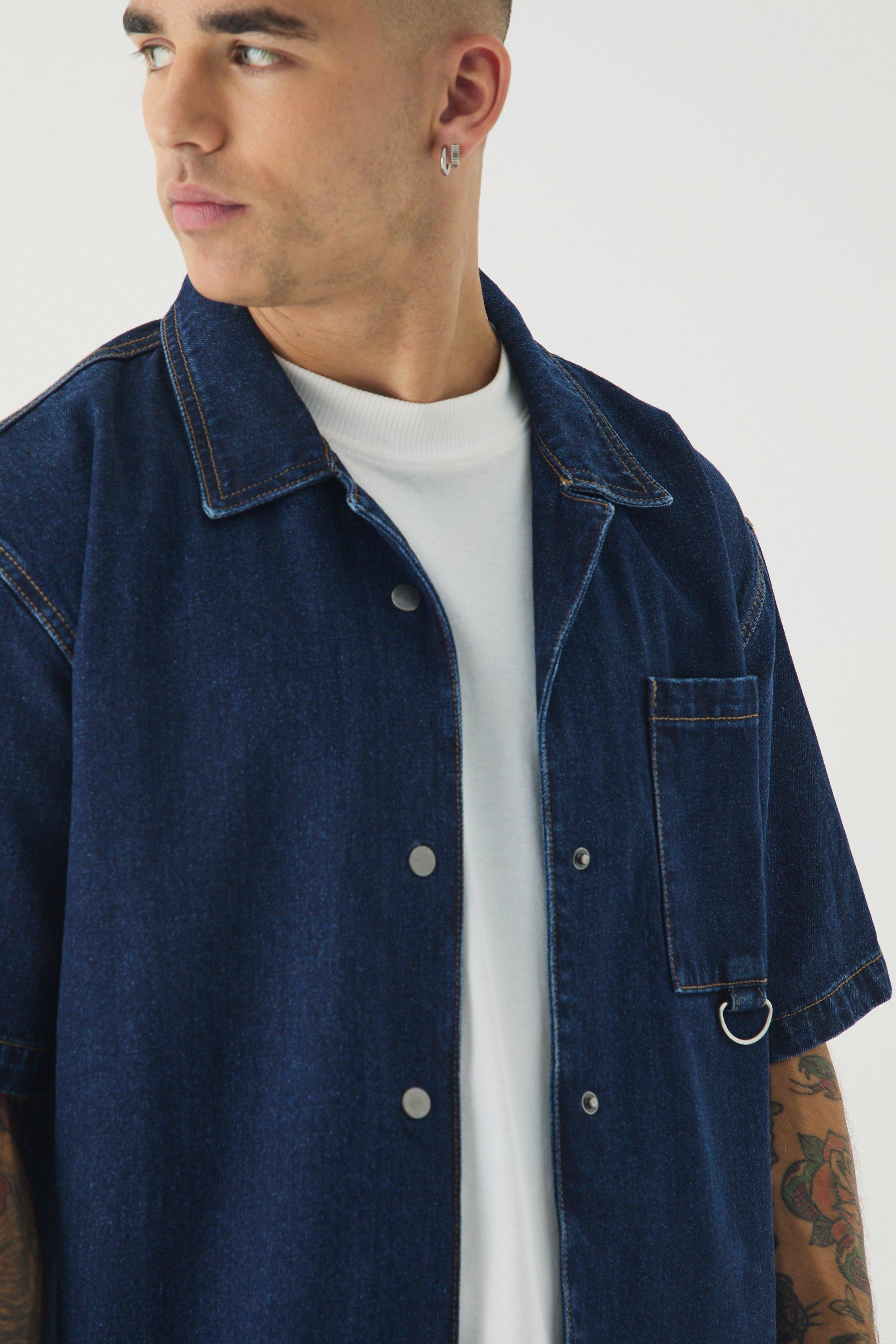 Short Sleeve Oversized Boxy Revere Denim Shirt | boohooMAN USA