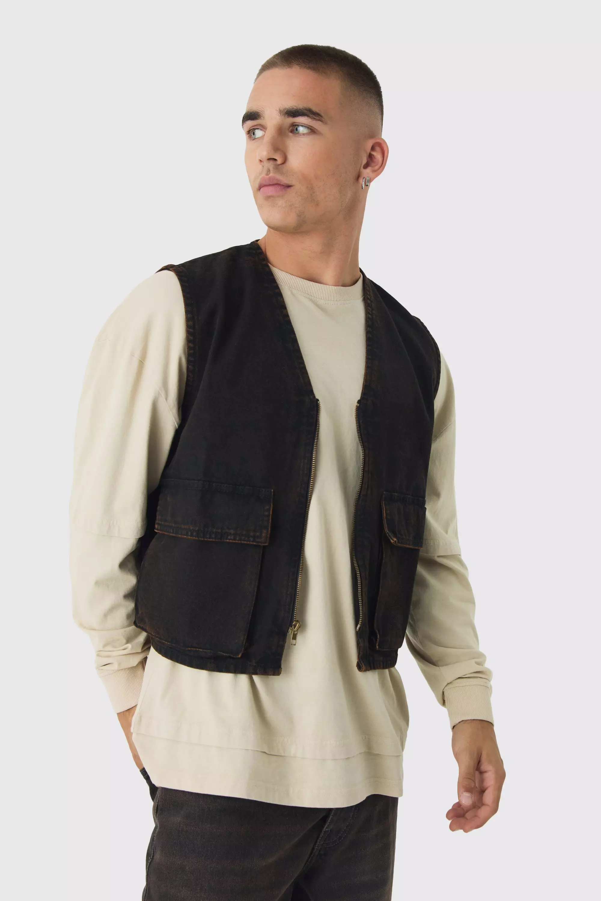 Boxy Brown tinted Denim Utility Vest alternative image