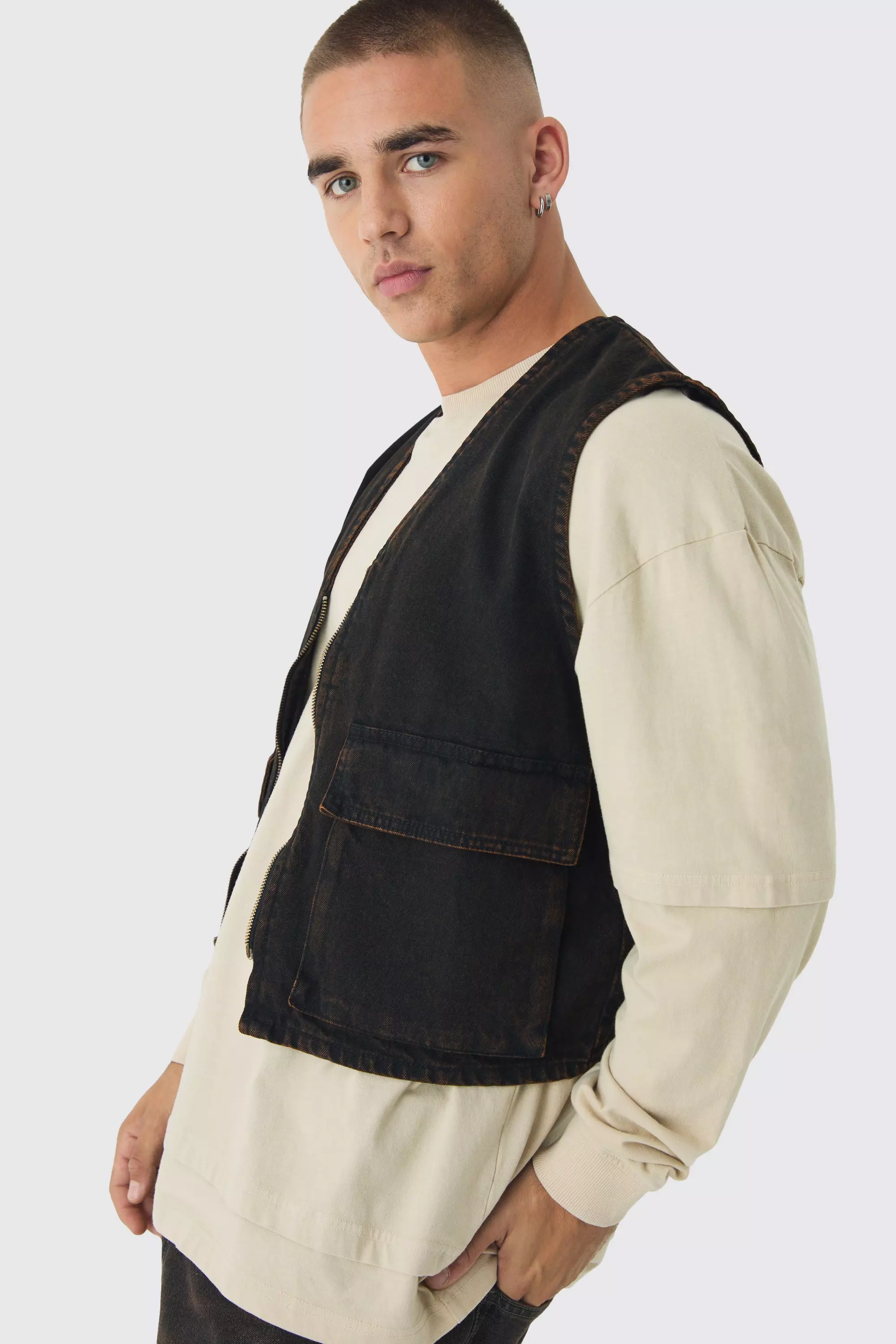 Boxy Brown tinted Denim Utility Vest alternative image