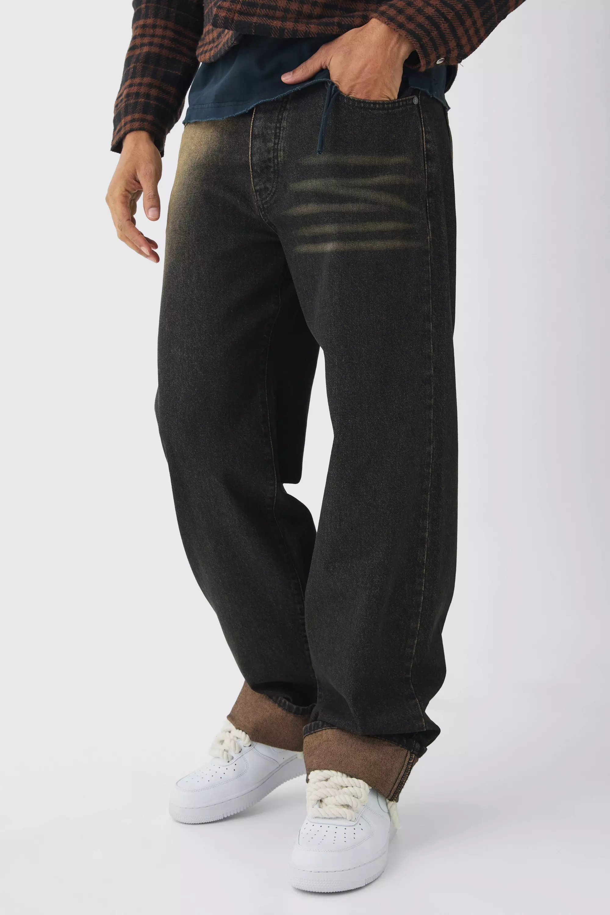 Brown Relaxed Brown Spray Wash Turn Up Hem Jeans