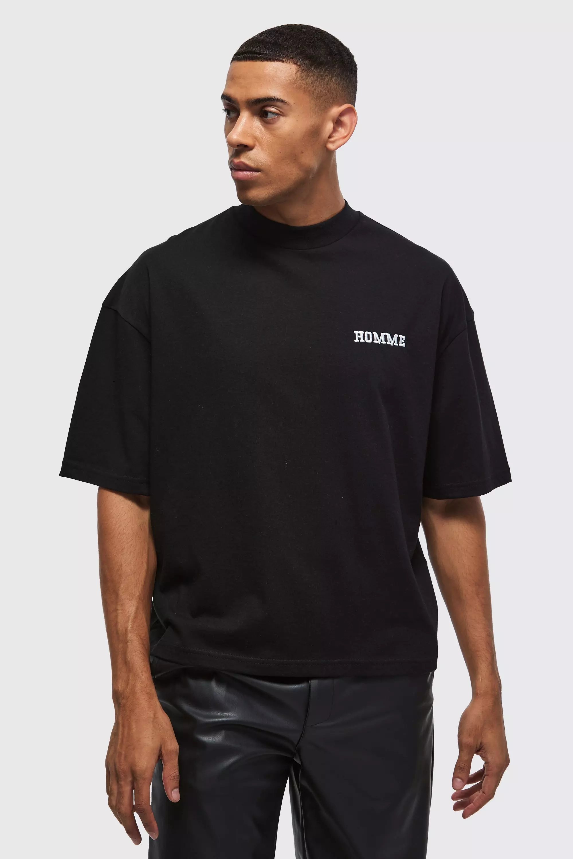 Oversized Boxy Heavyweight Varsity Embroidered T-Shirt Black