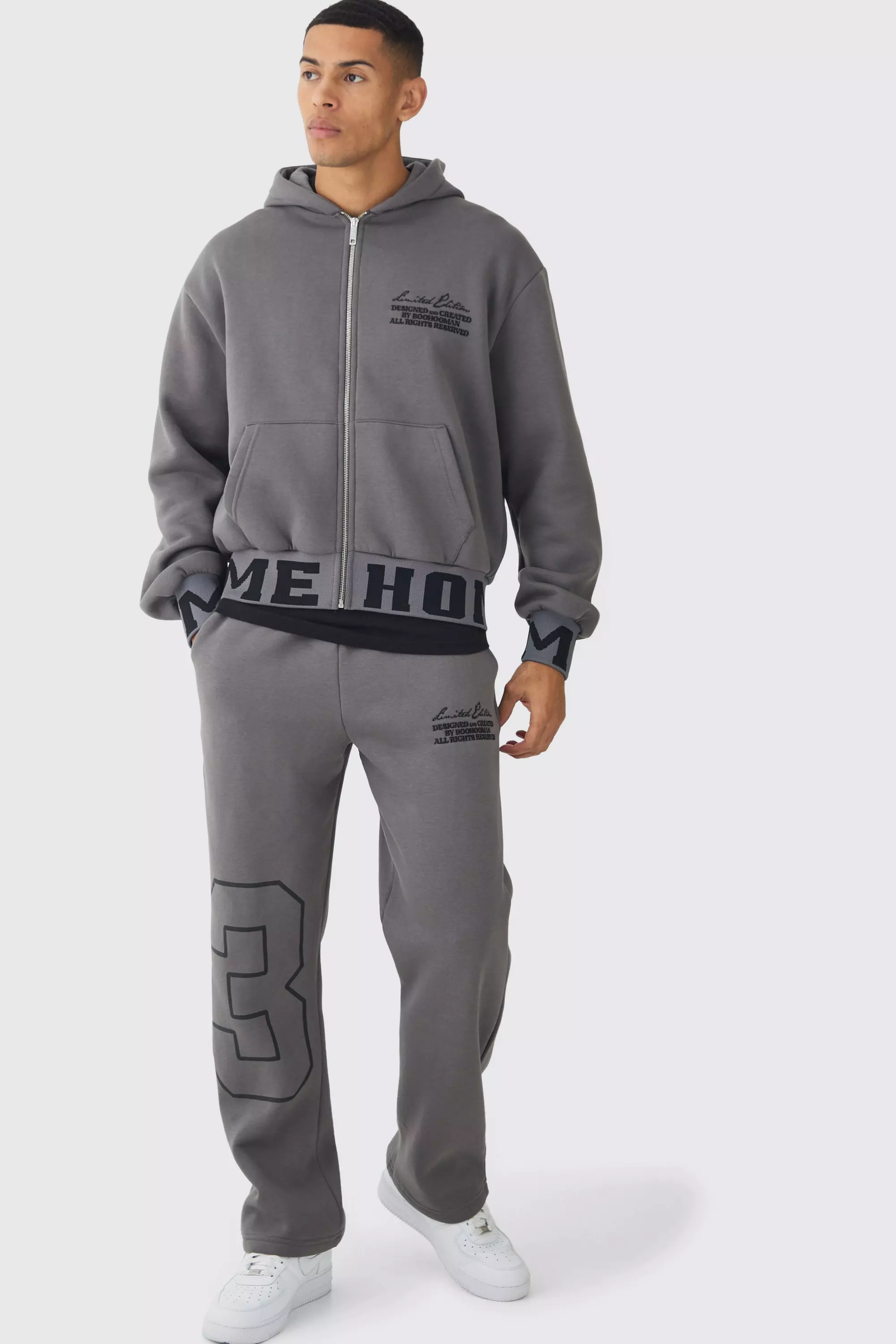 Charcoal Grey Oversized Boxy Varsity Printed Zip Through Tracksuit