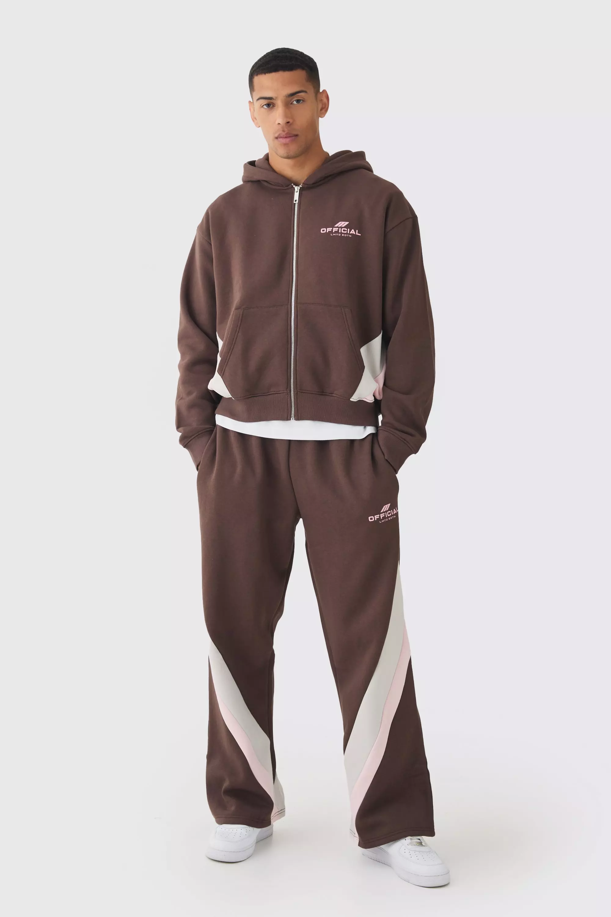 Chocolate Brown Oversized Boxy Cut & Sew Colour Block Zip Through Tracksuit