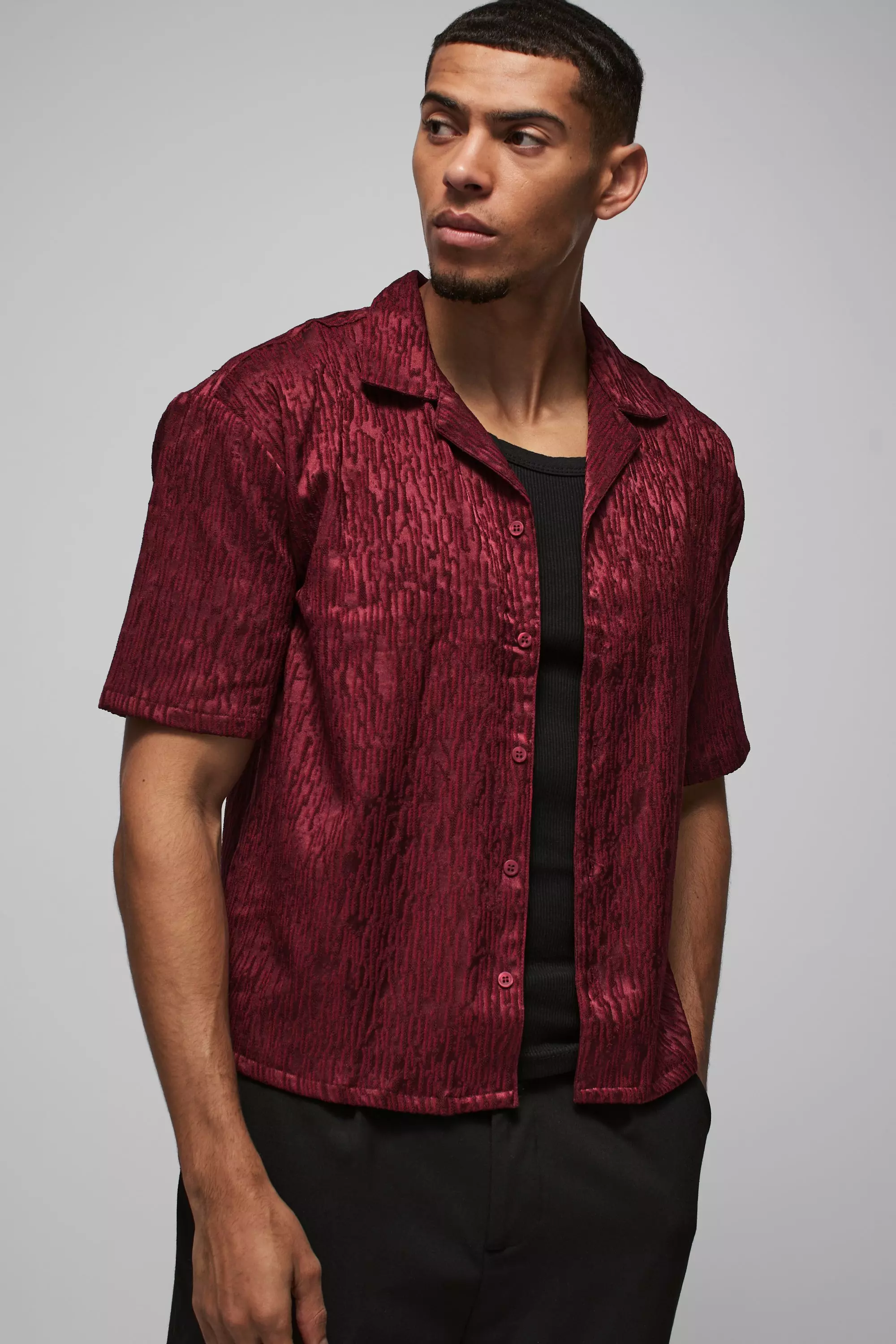 Oversized Jacquard Abstract Boxy Length Shirt Burgundy