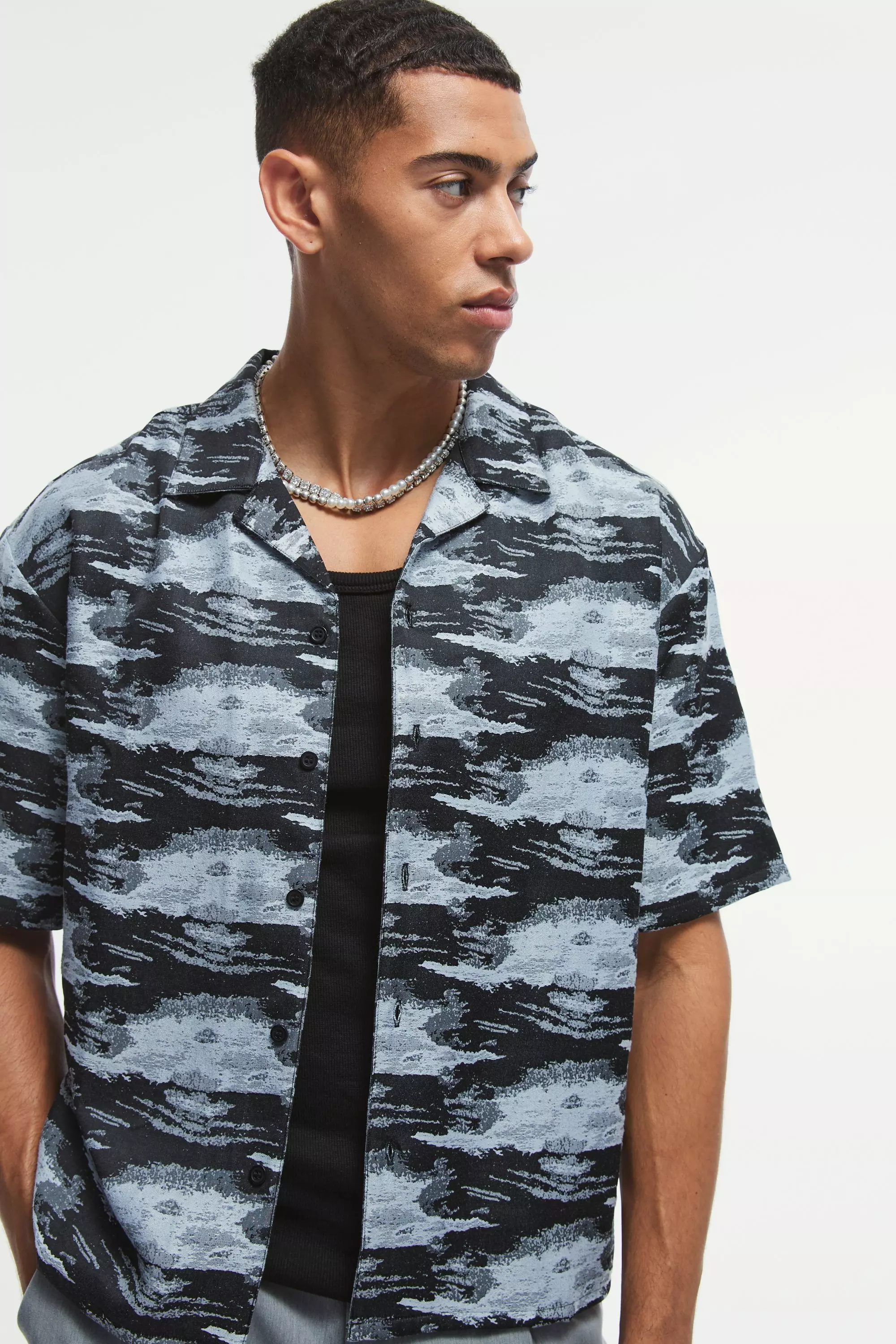 Camicia Squadrata Oversize In Jacquard, Black immagine alternativa