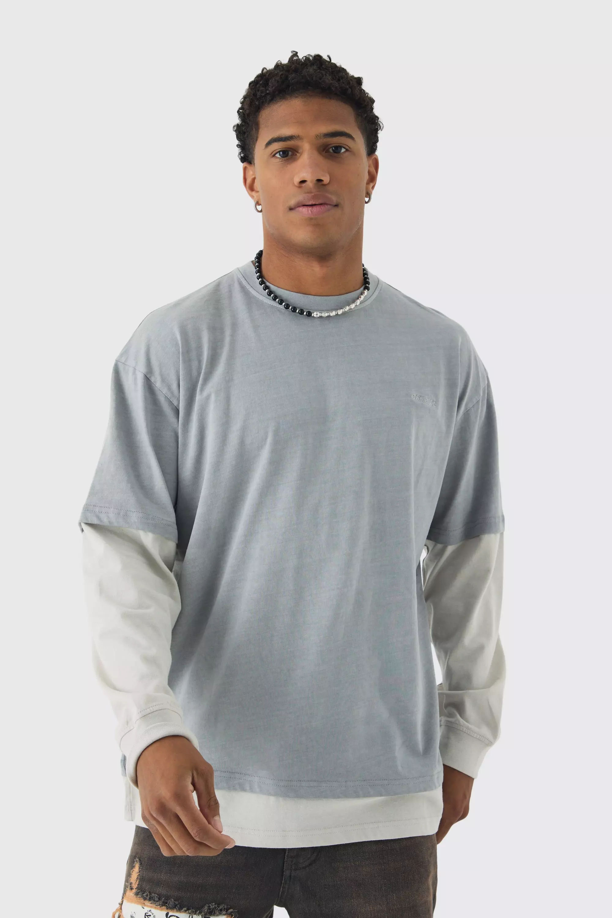 Oversized Faux Long Sleeve Acid Wash T-Shirt Charcoal