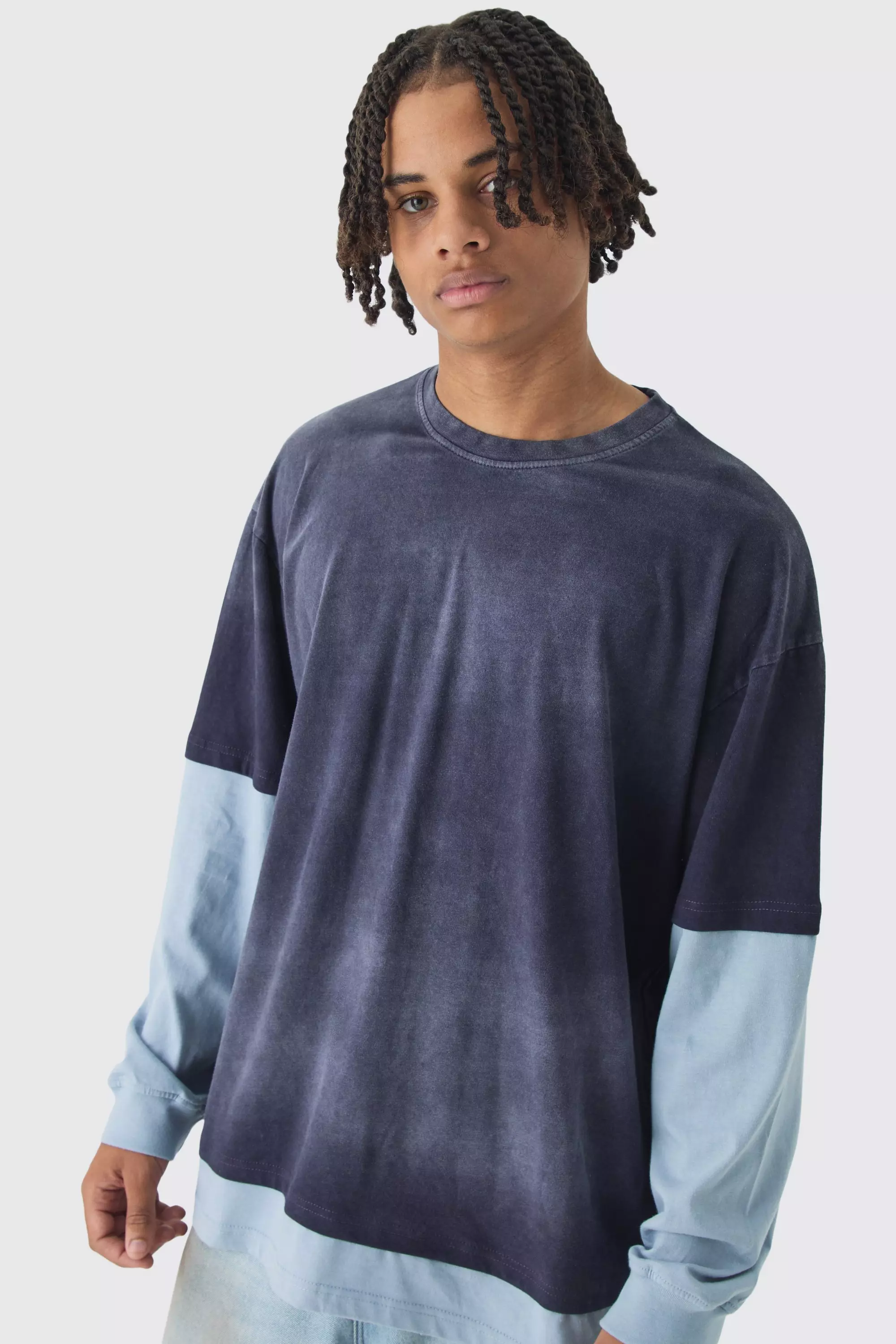 Oversized Faux Long Sleeve Acid Wash T-Shirt Navy