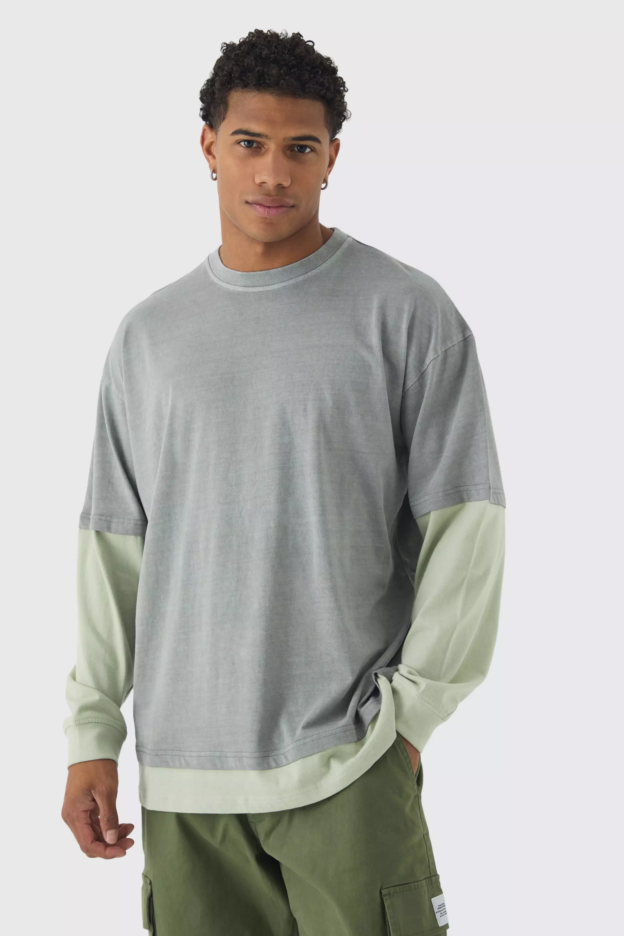 Oversized Faux Long Sleeve Acid Wash T-Shirt Khaki