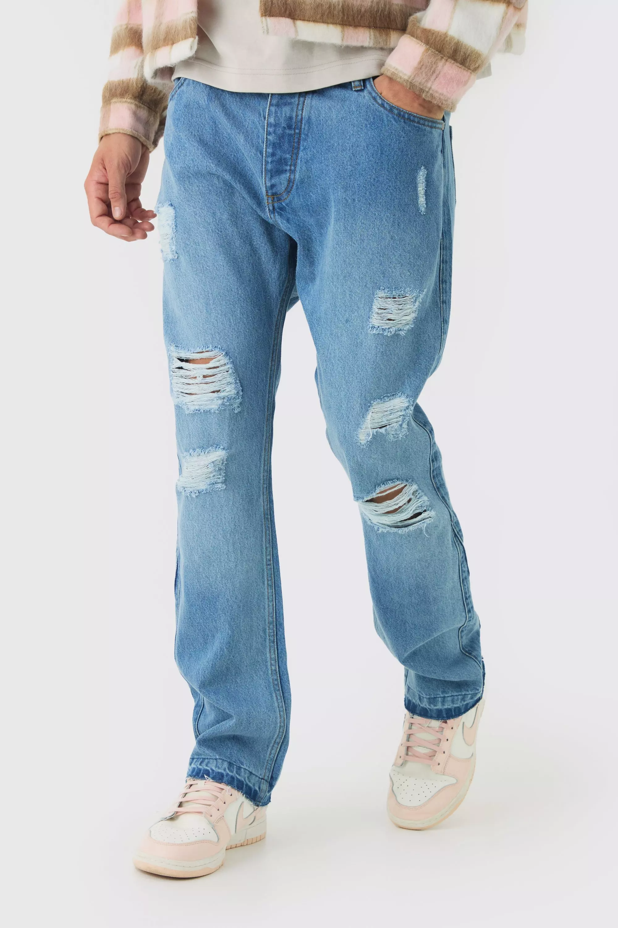 Slim Fit Flared Ripped Knee Jeans With Let Down Hem Light blue