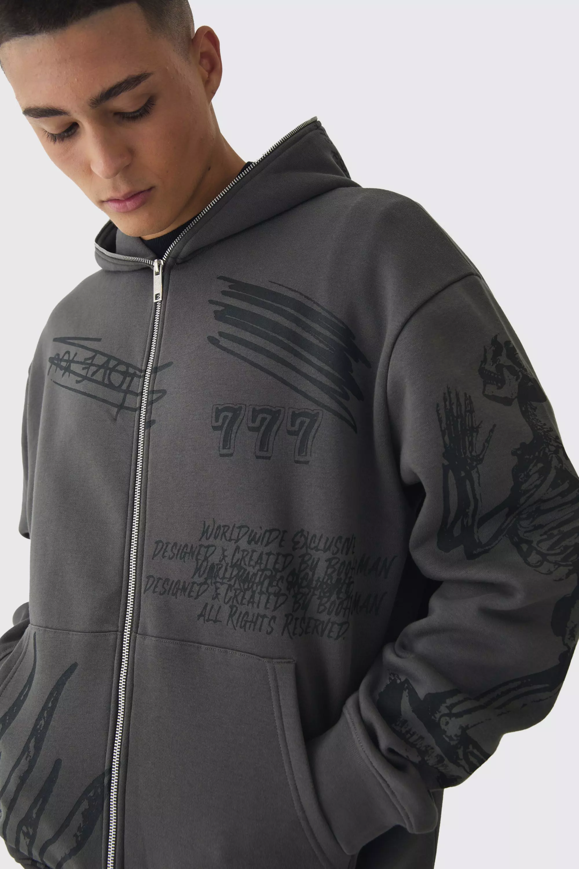 Oversized Doodle Zip Through Hoodie | boohooMAN USA