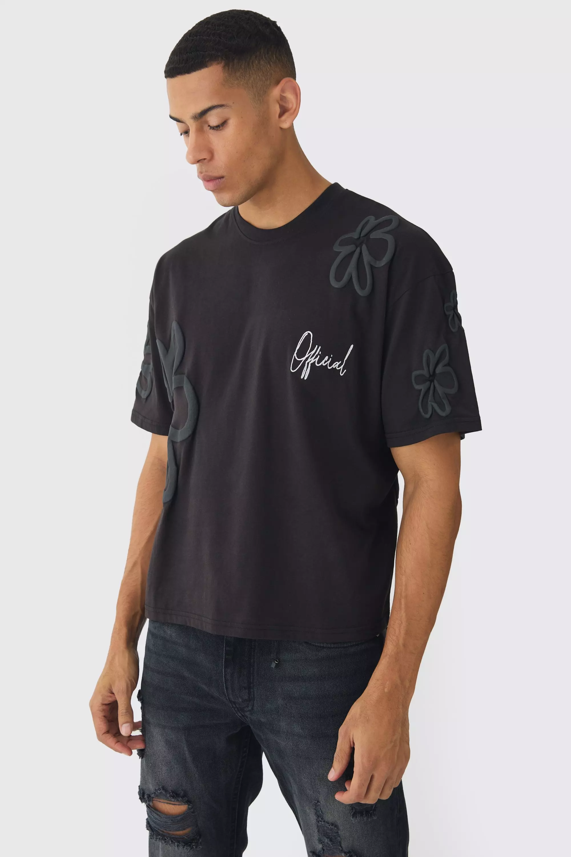 Black Oversized Boxy Floral Puff Print T-shirt alternative image