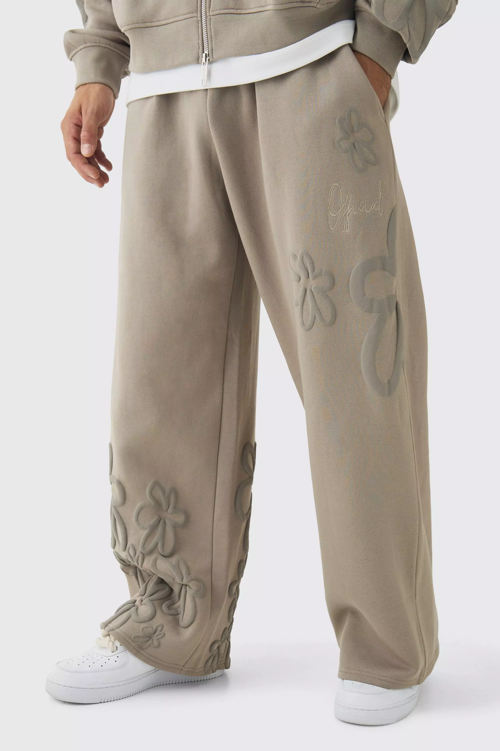 Wide Fit Floral Puff Print Sweatpants Taupe